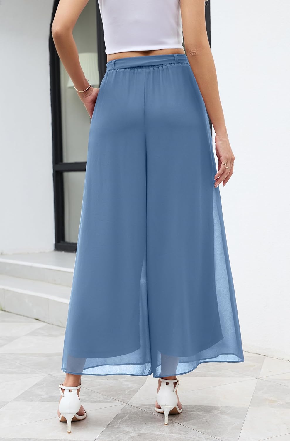 WANGZHI Women's Wide Leg Chiffon Dress Pant Elegant Party Elastic Waist Trouser with Pockets - Image 4