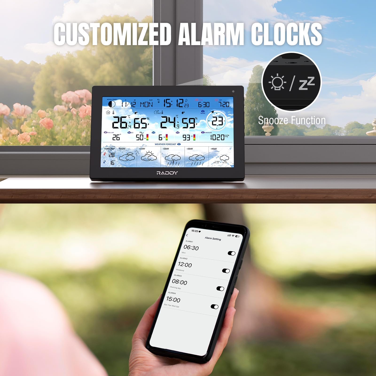 Raddy Stazione meteo WLAN N90 con display HTN da 8,8", connessione app intelligente, termometro interno ed esterno con sensore radio, monitor di temperatura e umidità, indice PM2.5/AQI/UV, previsione