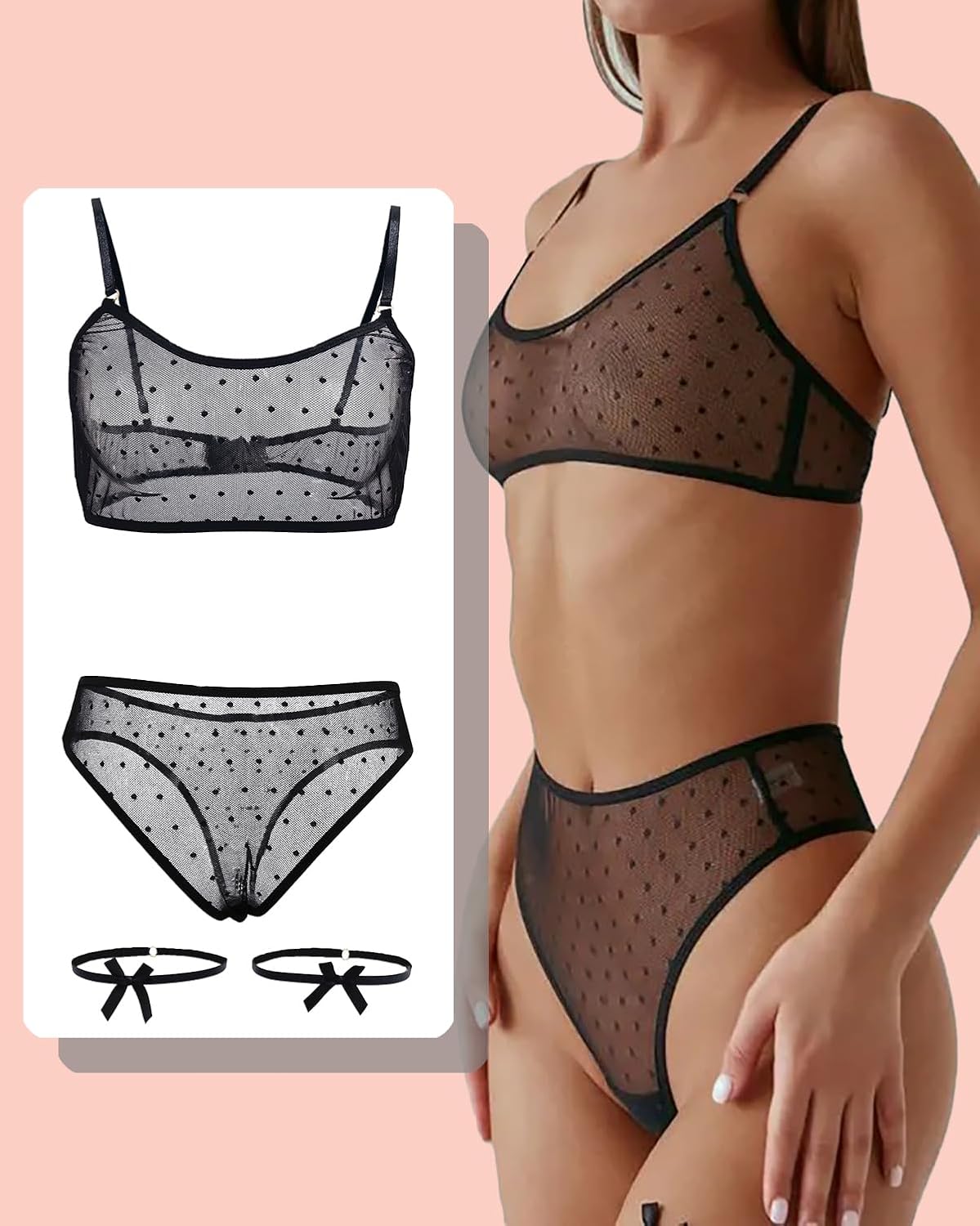 Women's Mesh Solid Sheer See Through Lingerie Set Sexy Lace Bra and Panty Sets Push Up Thin Bra Thong 2 Piece+Garters
