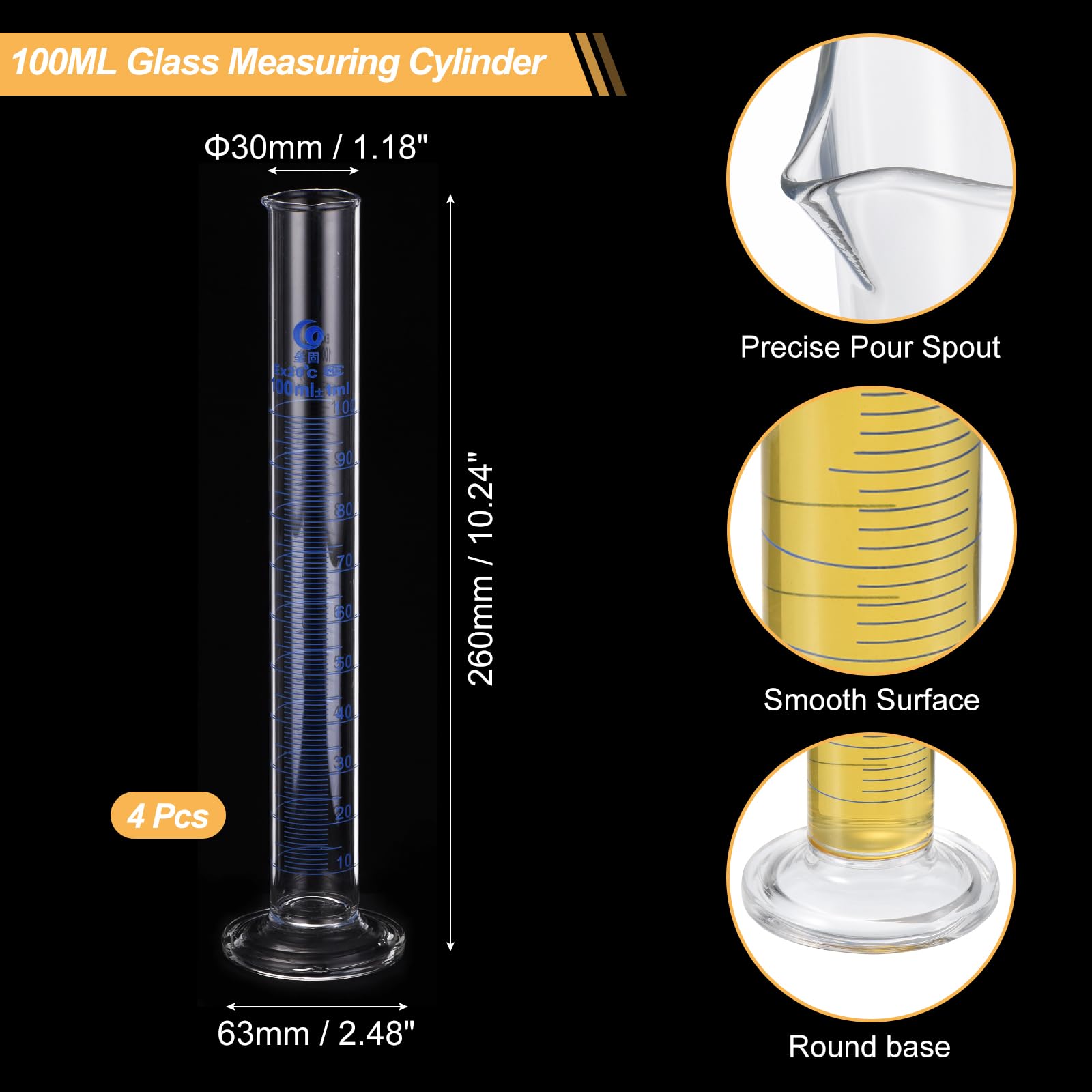 PATIKIL Cilindro Graduato da 100ml, 4 Pezzi Cilindri di Misurazione in Vetro Borosilicato 3.3 a Base Rotonda per Esperimenti di Laboratorio, Trasparente