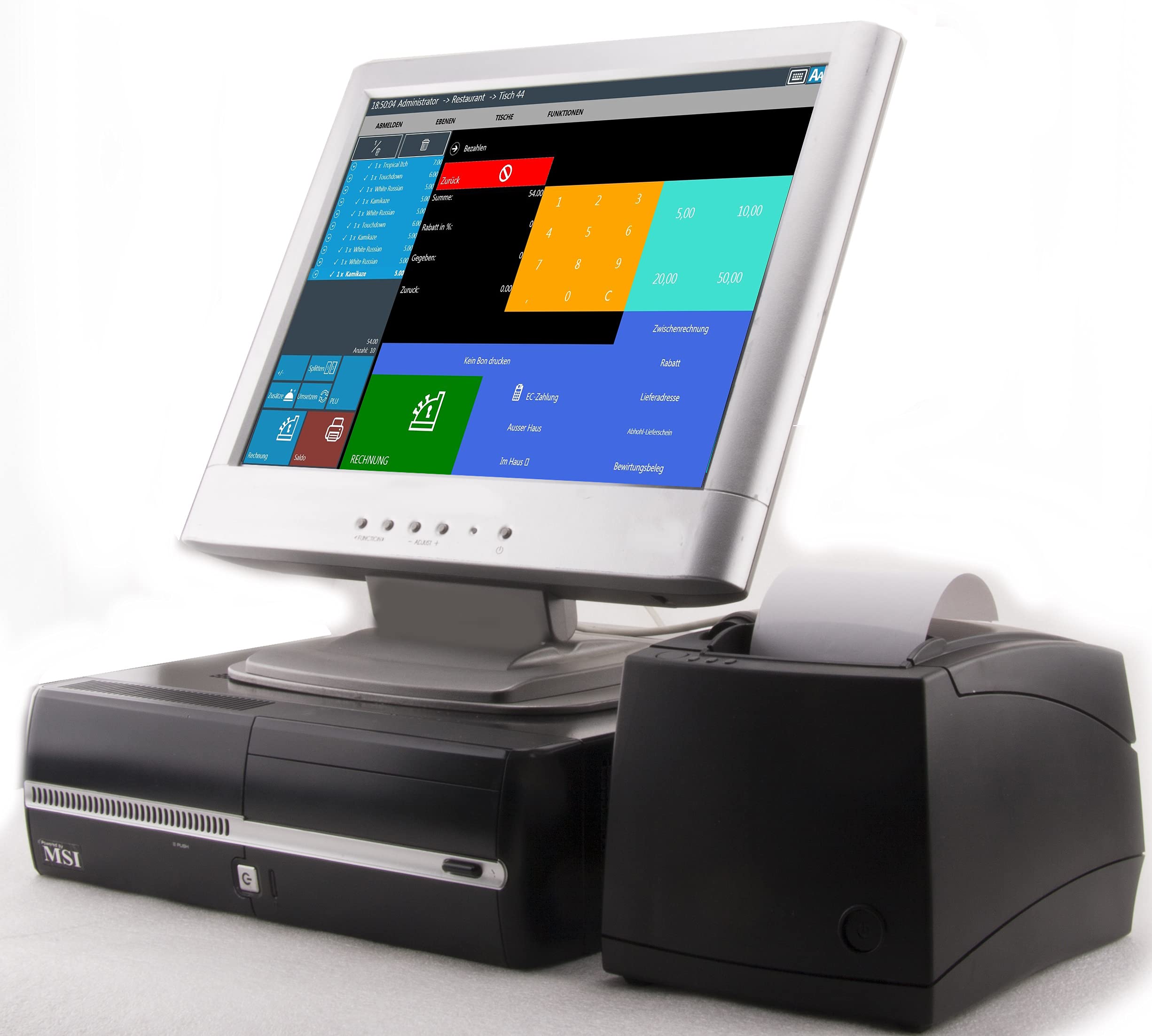 15" Kasse für Gastronomie (Restaurant,Cafe, Bar, Imbiss usw.): Kassen-Touchmonitor, Bondrucker, Kassenrechner, TSE (Kassengesetz 2020) READY