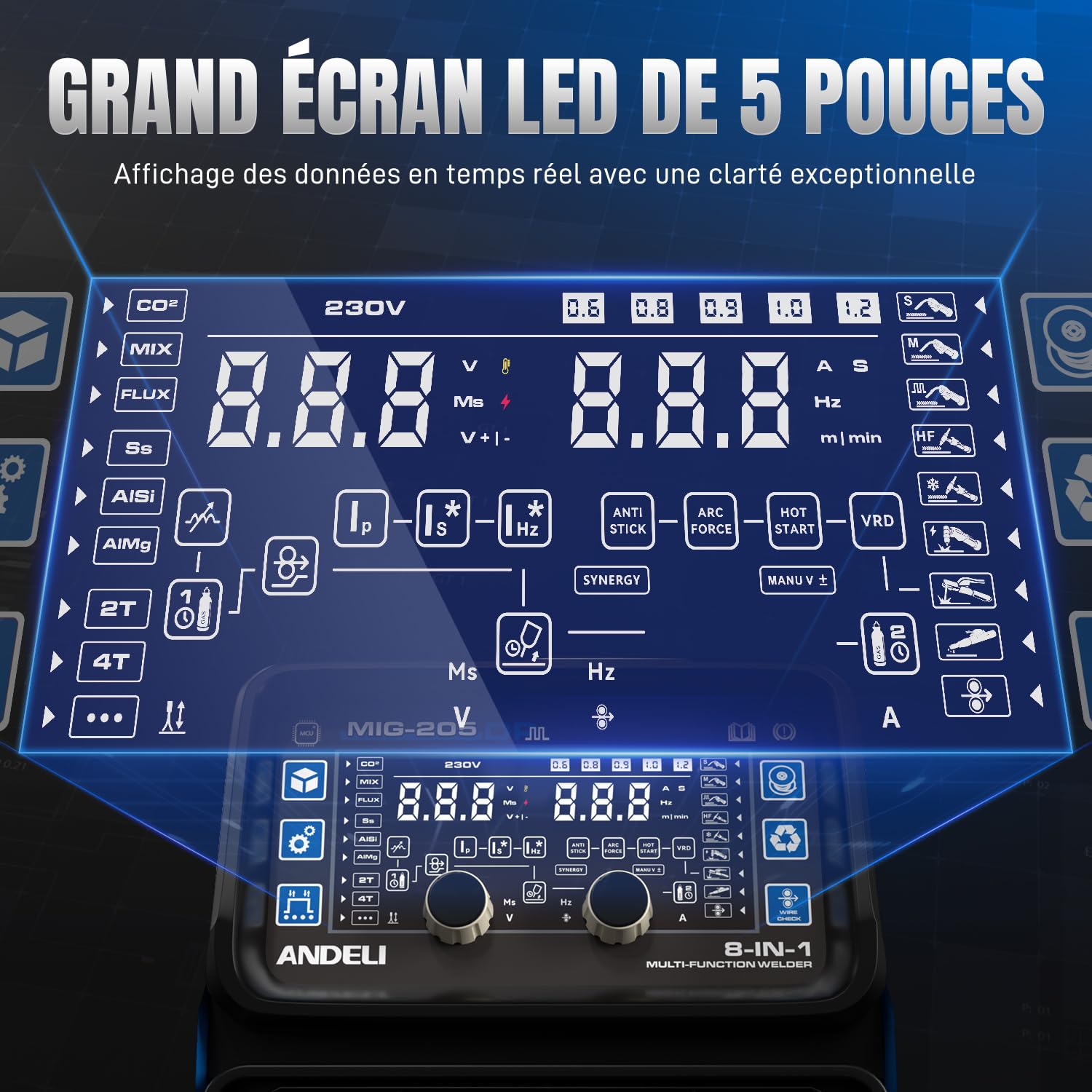 ANDELI 8-in-1 Saldatrice multifunzione 230V - 205A/50A MIG/TIG HF/Plasma | MIG-205DP, Pulsato/Gas/Filo/Pulizia/Freddo/MMA, IGBT, 2T/4T, per Alluminio/Acciaio/Inox, Plasma 50A, Memoria, display HD-LED