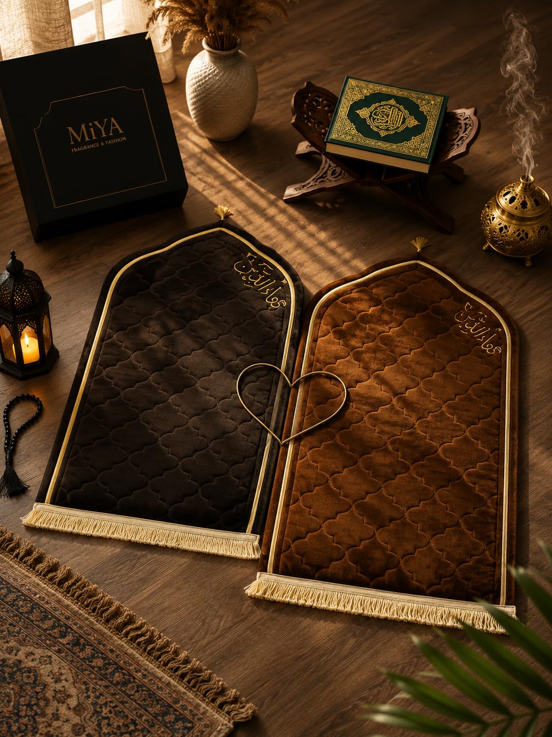 M i Y A ™ – Couple Prayer Mat Set | Custom Name Velvet Janamaz for Husband & Wife | Premium Islamic Musalla Set of 2 | 70 × 110 cm | Wedding, Nikah, Hajj, Umrah & Ramadan Gift-image-7