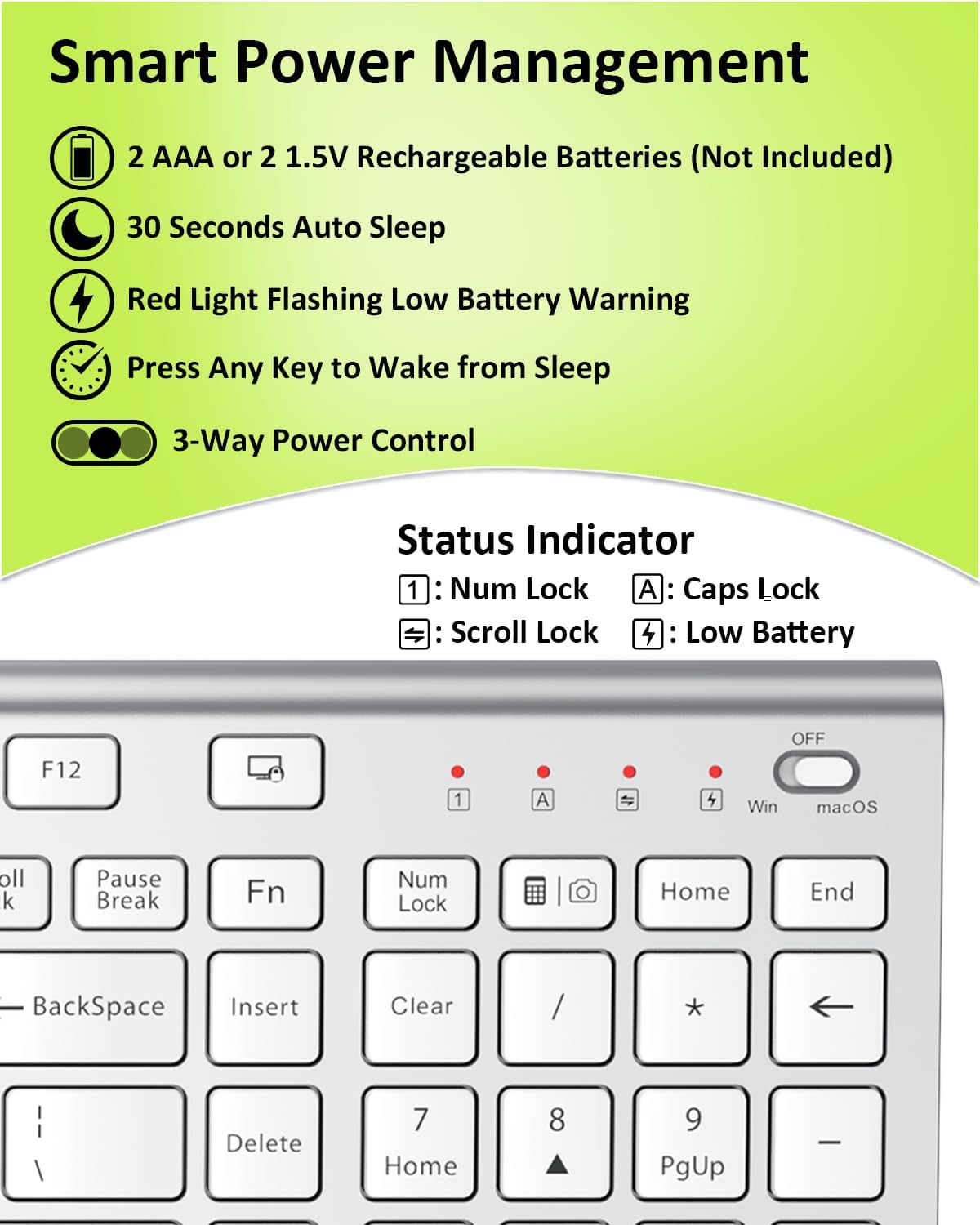 FENIFOX Wireless Silent Keyboard, Ultra Quiet USB C Low Profile Compact Full Size with Number Pad Flat Slim Thin Soft Touch for Mac Computer MacBook iMac PC Laptop Desktop Office (White and Silver)