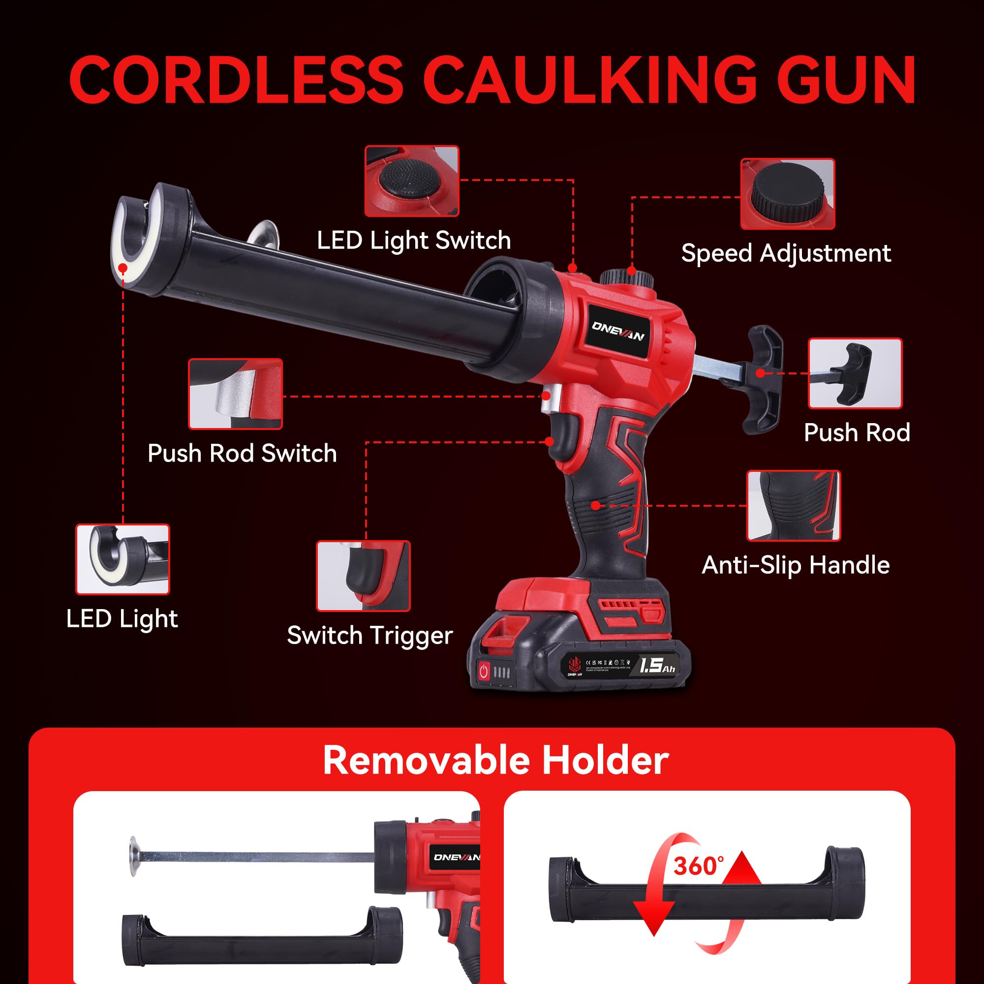 ONEVAN Pistolet à Cartouche sans Fil, Pistolet à Silicone Électrique 300ml, Contrôle de Vitesse Variable & Lampe LED, 24 Buses, 2x1,5Ah Batteries, pour Travaux d'Étanchéité, Mastics (Rouge)