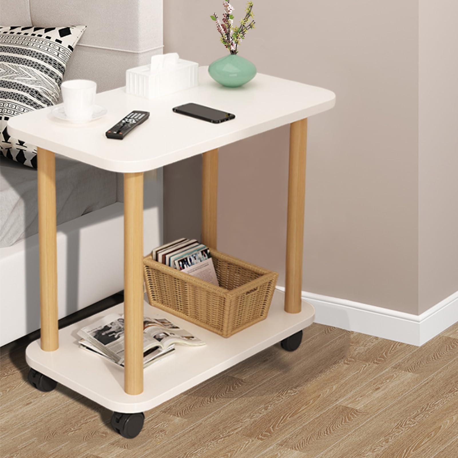 HshDUti Mesa Auxiliar con Ruedas, Mesita de Noche Estrecha de 2 Niveles, Mesa Auxiliar de Madera, Pequeñas Pestañas de Noche, Mesa de Café y Té, Mesa de Sofá para Sala de Estar y Dormitorio