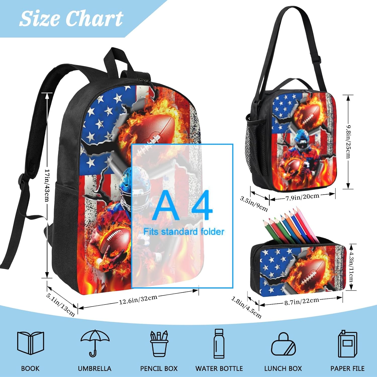 Football School Backpack for Boys Sports Theme Boys Backpack with Lunch Box Set for Kids Children Teens Elementary Middle School Large Capacity Game School Bag 17" Travel Back Pack for Age 6-18