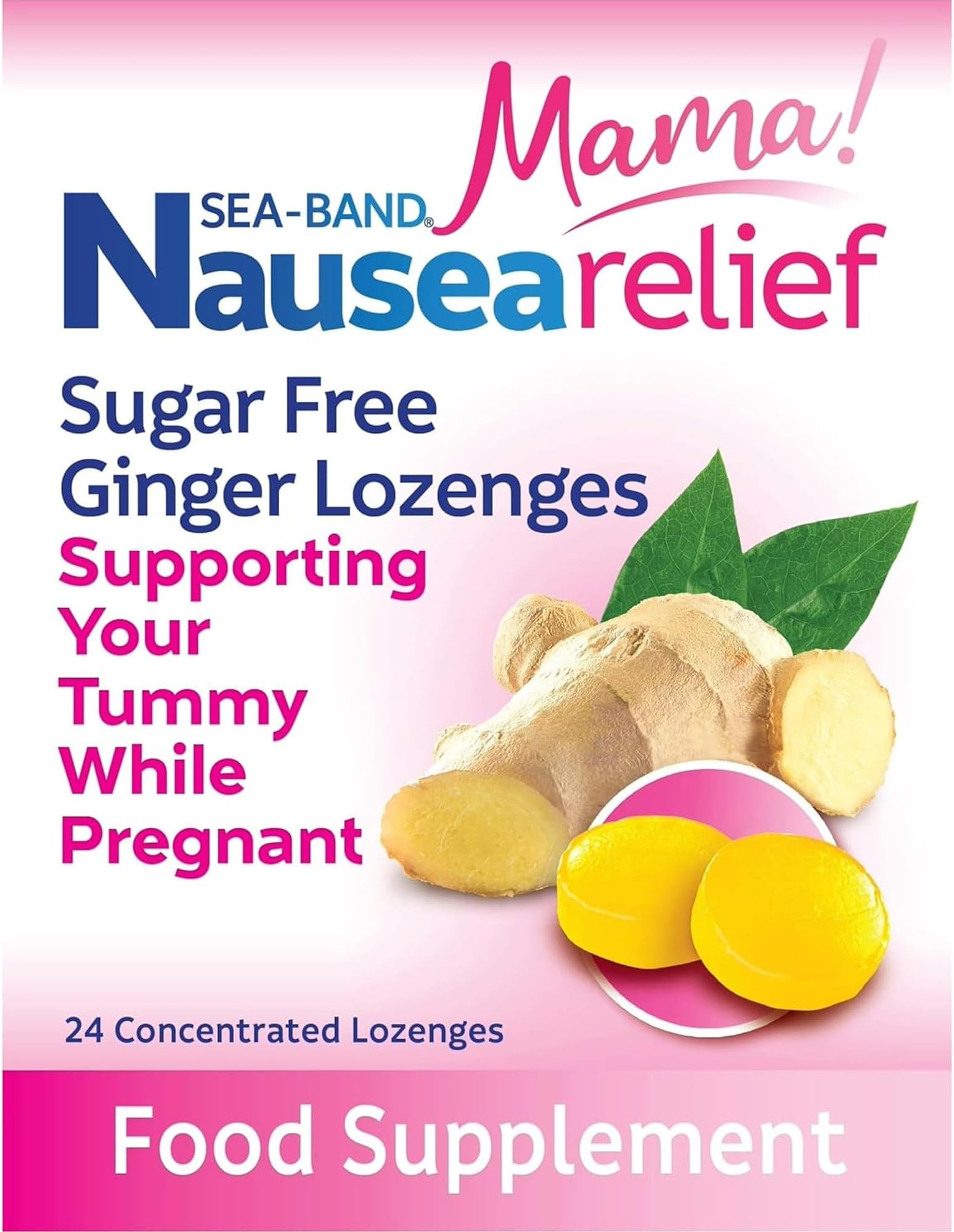 Sea-Band Mama! Morning Sickness Sugar Free Ginger Lozenges (24 Pack) for Motion Sickness and Nausea Relief while Pregnant (24 Lozenges, Pack of 1)