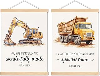 Construction Decor for Boys Room, Construction Truck Christian Wall Art With Wooden Poster Hanger, Bible Verse Scripture Wall Art Decor for Toddler Boy Room Playroom, 12.5x17 Inch Set of 2