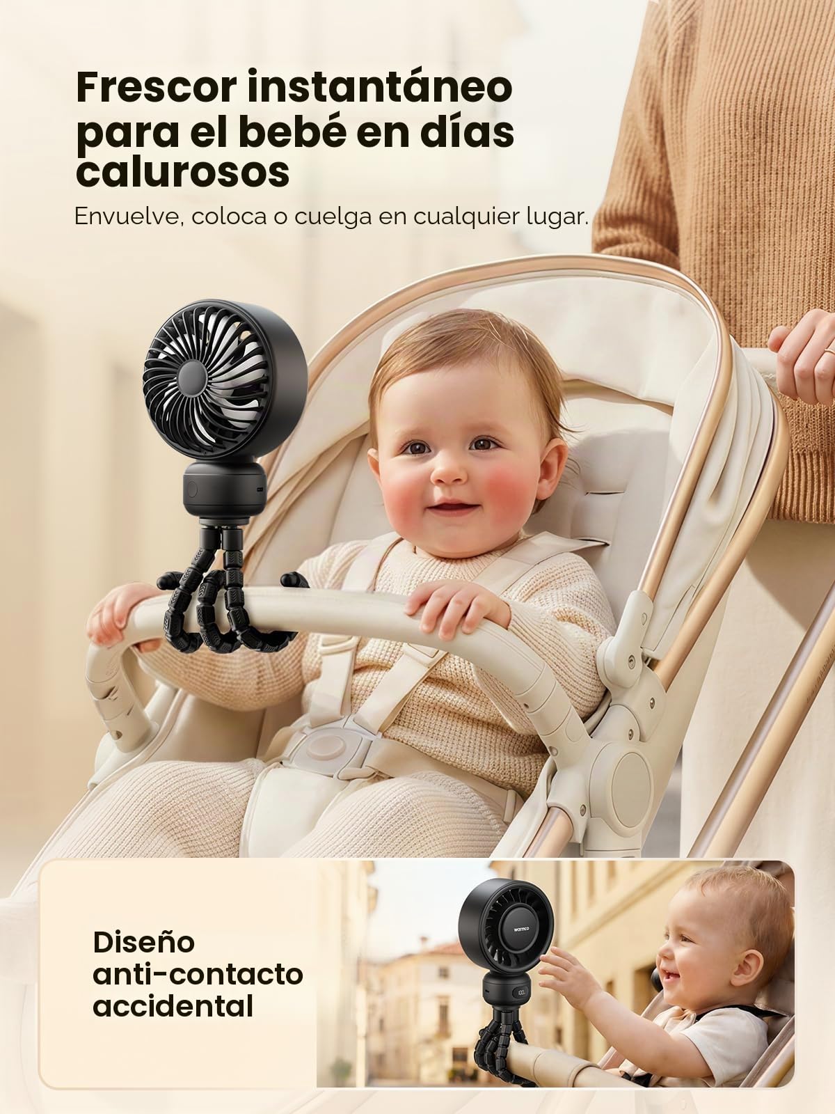 Warmco Ventilador portátil para cochecito, ventilador de clip recargable de 4000 mAh con trípode flexible (hasta 15 horas), 4 velocidades, pantalla LED, rejilla desmontable, funcionamiento silencioso