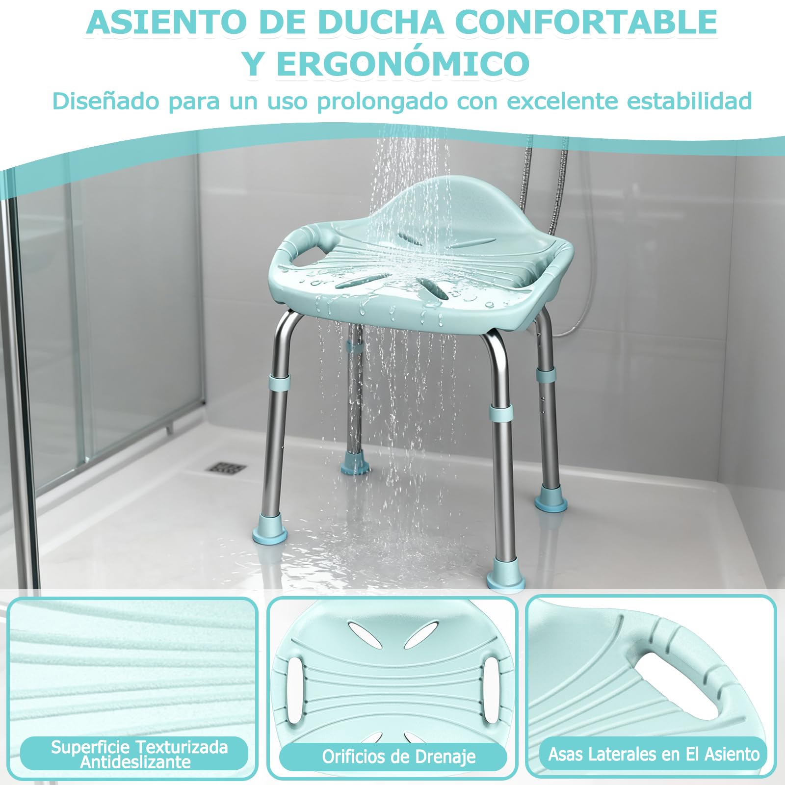 Taburete de Baño para Personas Mayores, Taburete de Ducha de Aluminio Ligero, Altura Ajustable Silla de Ducha con Patas de Antideslizantes, Pequeño Respaldo y Asas Integradas, Carga de 150 kg