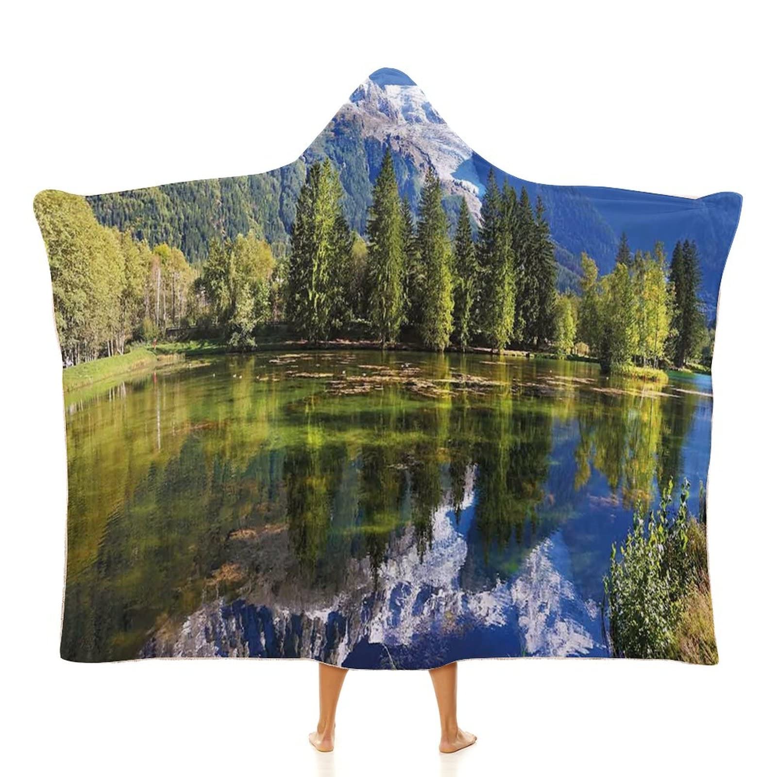 Tragbare Outdoor-Decke mit schneebedeckten Bergen und immergrünen Fichten, die Sich im See spiegeln, weich, warm und kuschelig, 152 x 203 cm, geeignet für Kinder, Jugendliche, Frauen und Männer, bla
