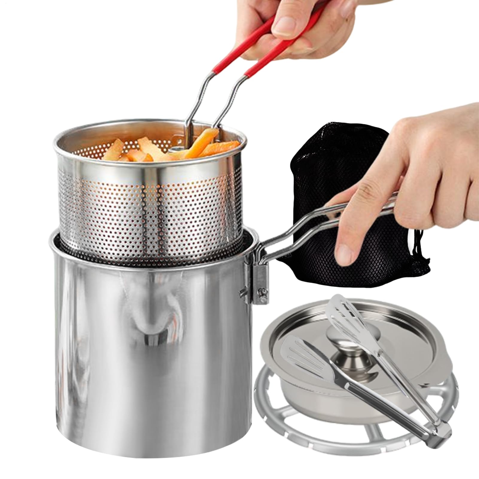 Freidora de acero inoxidable de 1,2 litros con cesta y juego de cocina de 7 piezas