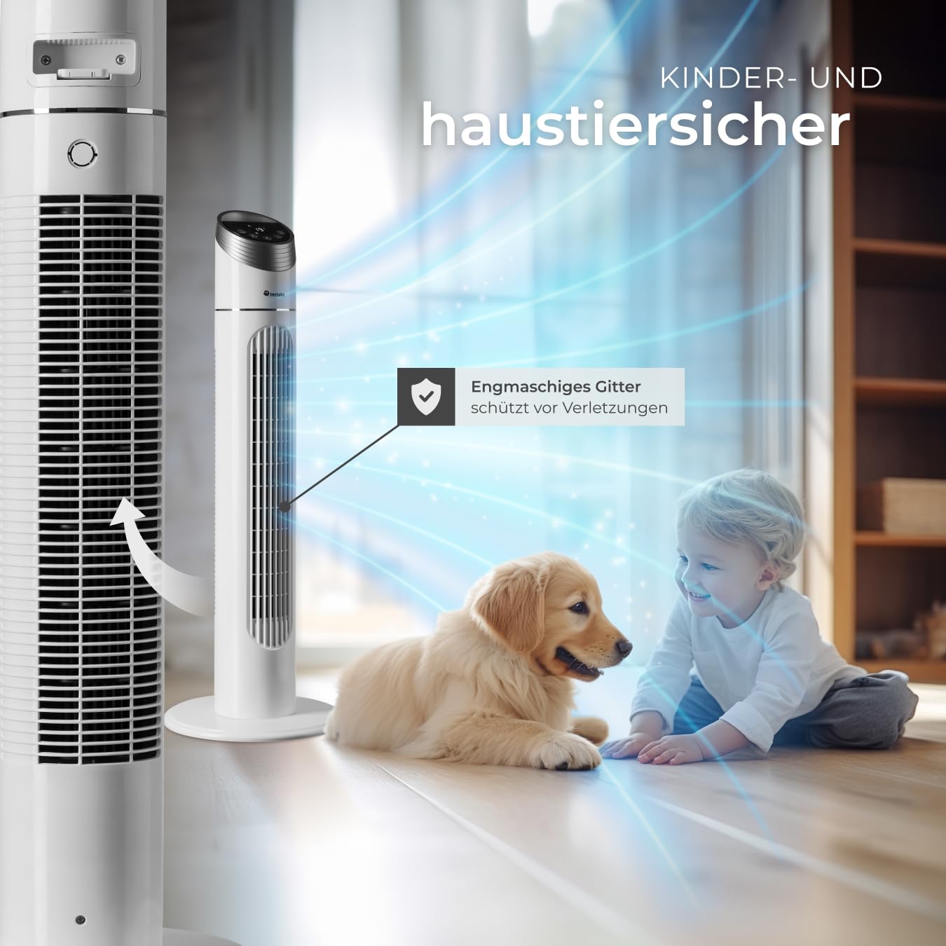 tectake® Turmventilator mit Touch-Bedienfeld mit LED-Beleuchtung & Temperaturanzeige, 3 Geschwindigkeitsstufen, 3 Windmodi, 70° Drehung, einstellbarer Timer, Fernbedienung & Transportgriff - 90cm