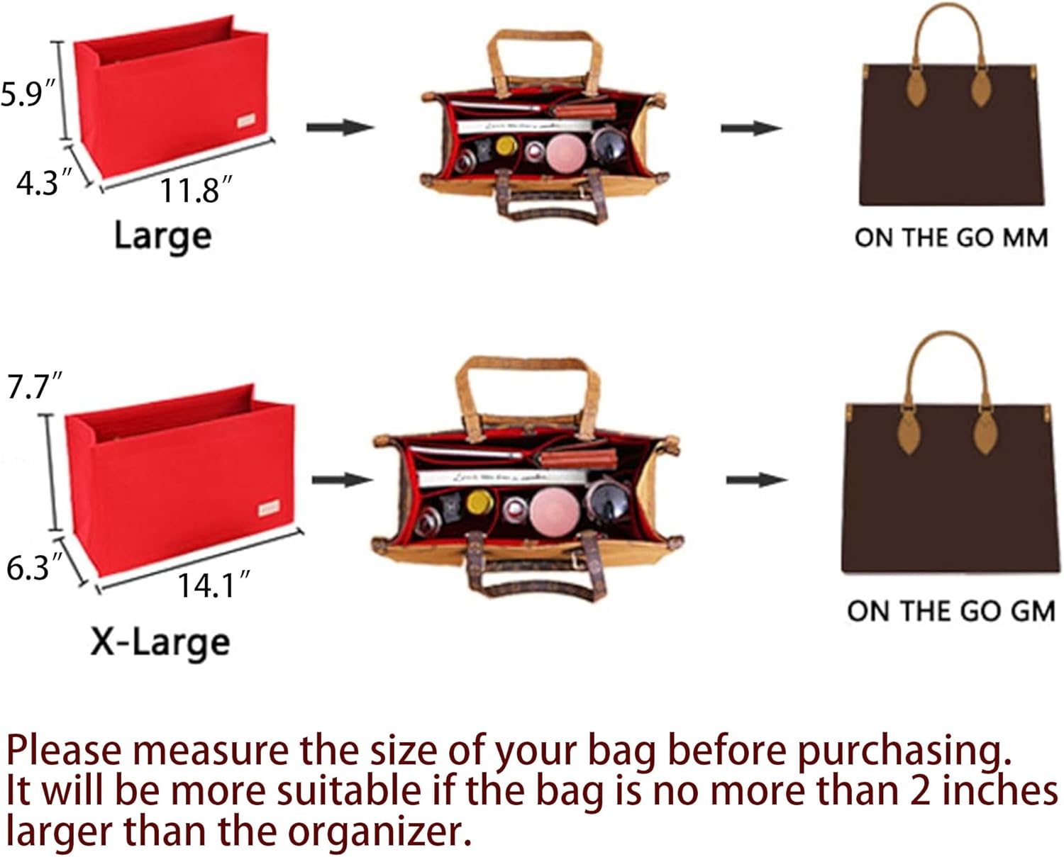 Bag Organizer Insert,Tote Bag Insert For On The Go MM, Handbag Inner Organizer,Handbag Storage,Tote Bags Felt Liner with Zipper(Red,L) - Image 2