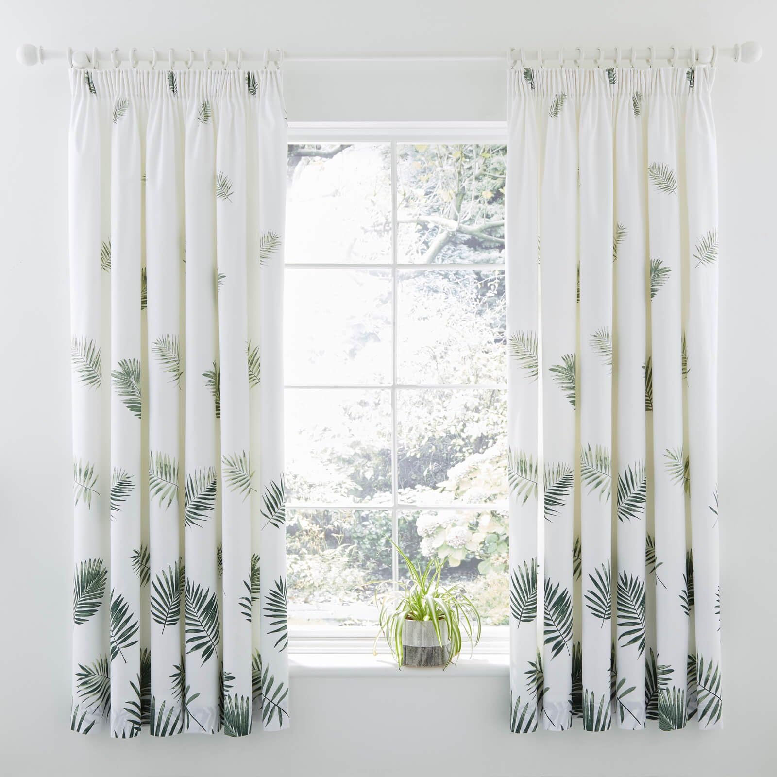 HLSBedding Modern Charlotte Thomas Fern Pencil Pleat Lined Readymade Curtain Pair, White/Green - 66" x 72"