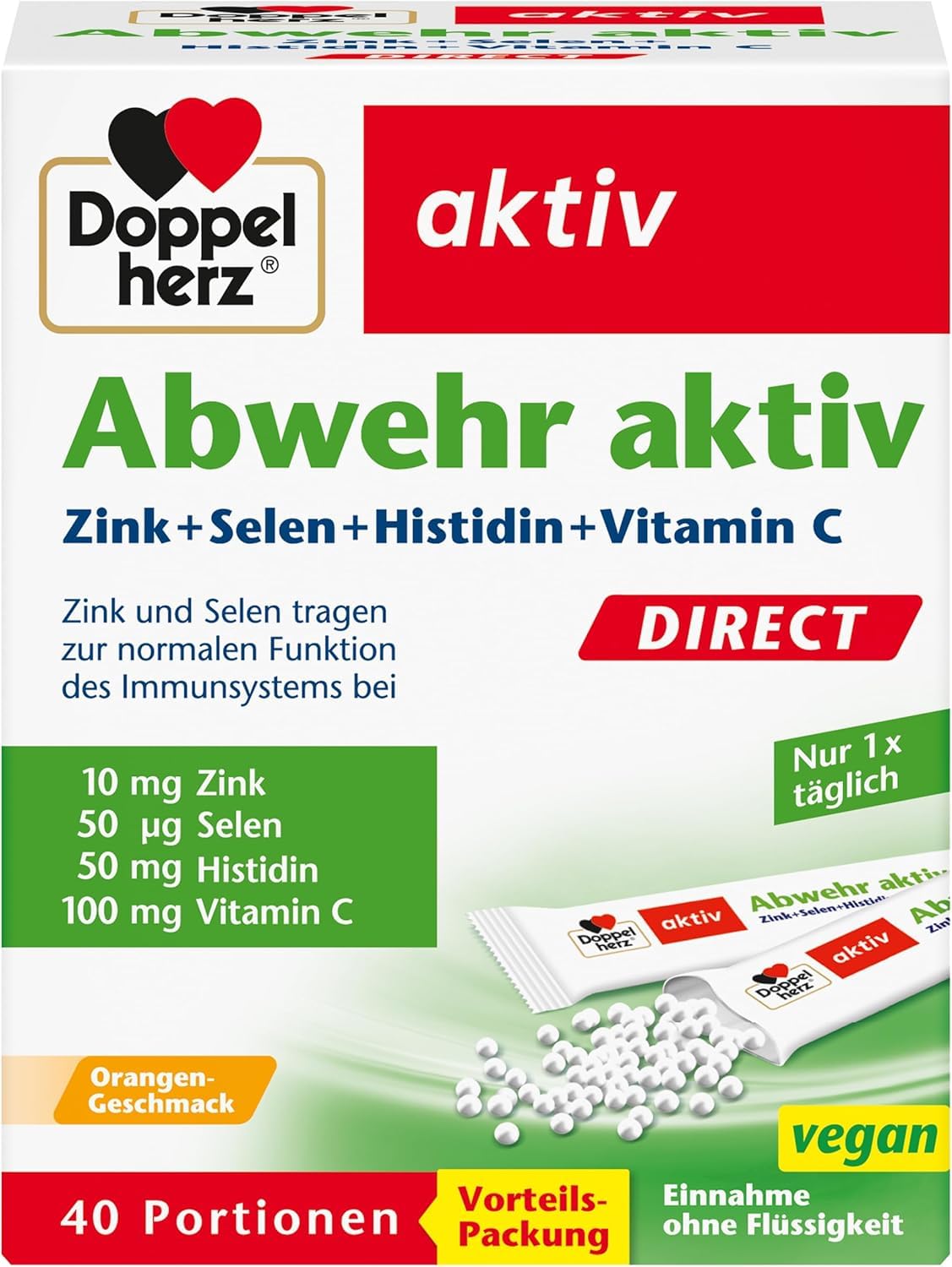 Doppelherz Abwehr aktiv DIRECT - mit Orangen-Geschmack | mit Zink, Selen & Vitamin C zur Unterstützung des Immunsystems- zusätzlich mit Histidin - 40 Portionen