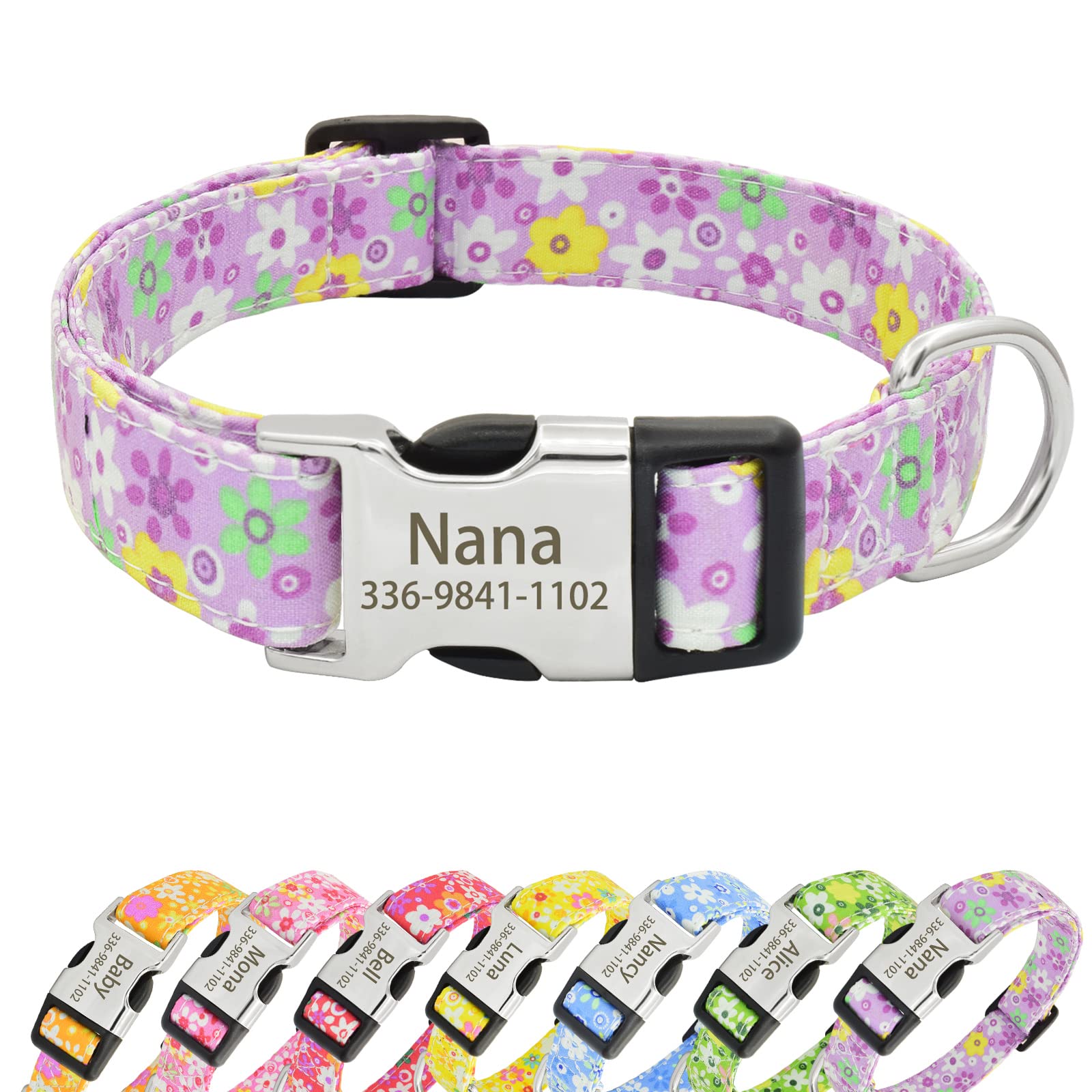 Senristar Personalised Floral Dog Collars with Name, Custom Flower Print Dog Collars with Engraved Buckle for Small Medium Large Dogs (L(Width:1.0'' Neck:14.0-22.0''),Purple)