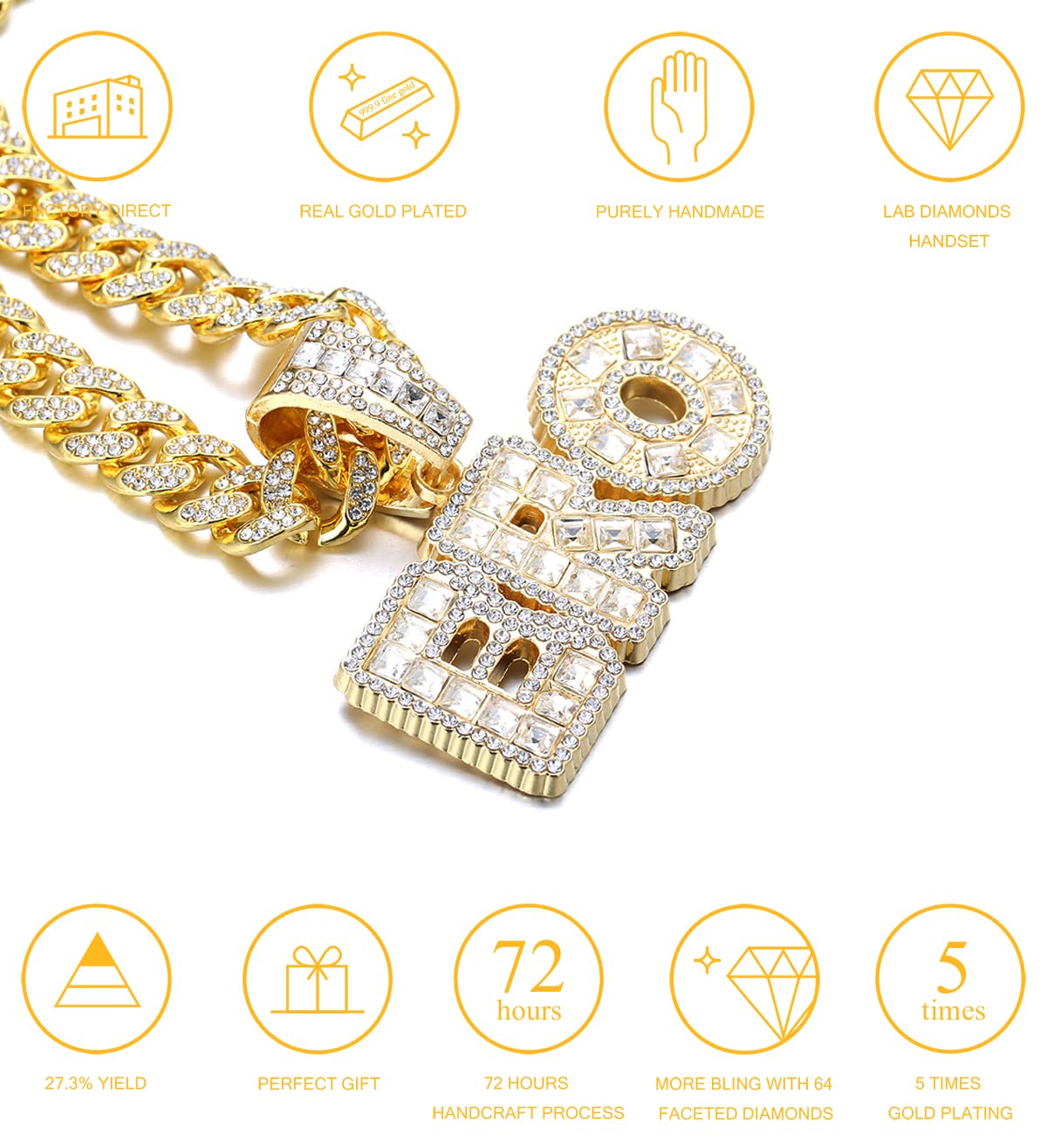 HALUKAKAH Catena Oro per Uomo Placcato Oro Reale 18k/Finitura Oro Bianco Platino Iced Out Collana Ciondolo,Pieno Cz Lab Diamanti Set Griffe,14mm Catena a Maglia Cubana 45cm,Confezione Regalo Gratuita