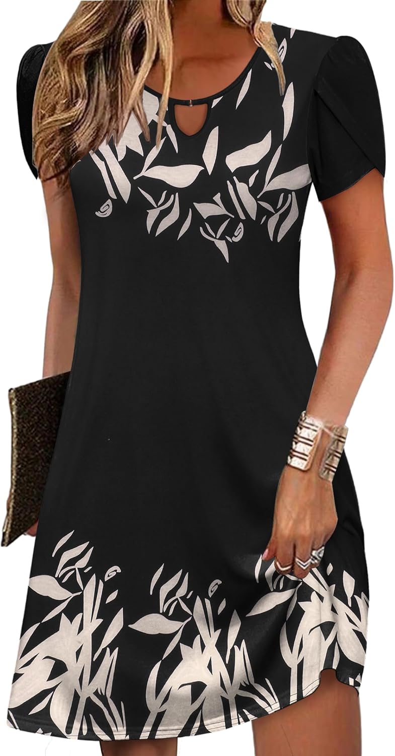 Zeagoo Women's Casual A-Line Dresses with Pockets Summer Floral Tshirt Dress Short Sleeve Mini Dress Flowy Sundresses