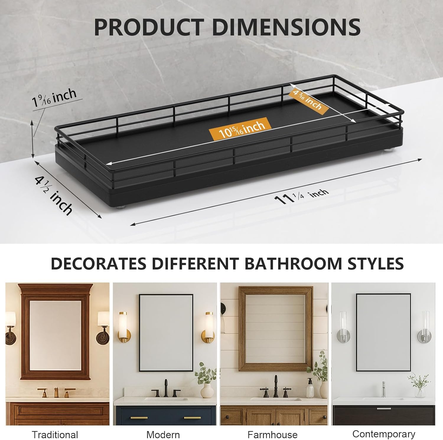 Bathroom Tray for Counter Top Organizer – Oak Wood Vanity Tray with Metal Frame for Dresser, Kitchen, Nightstand – Black Decorative Storage - Image 6