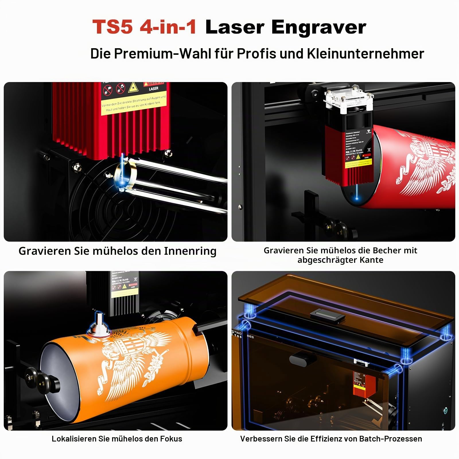 Twotrees TS5 7W Laser Graviermaschine, Lasergravierer für Cup mit 4 in 1 Laser Rotary Roller, Lasergehäuse, Gravur Unregelmäßige Zylinder, 249×123×123mm Gravurbereich