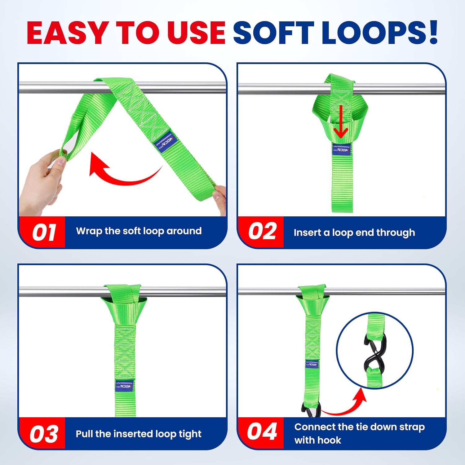 MOCA Heavy Duty Ratchet Tie Down Straps - 5,200 Lbs Breaking Strength 1.6" x 8', with 4 Heavy Duty Ratchet Padded Handles & Coated Chromoly S Hooks & 4 Soft Loop Tie-Downs (Green) - Image 9