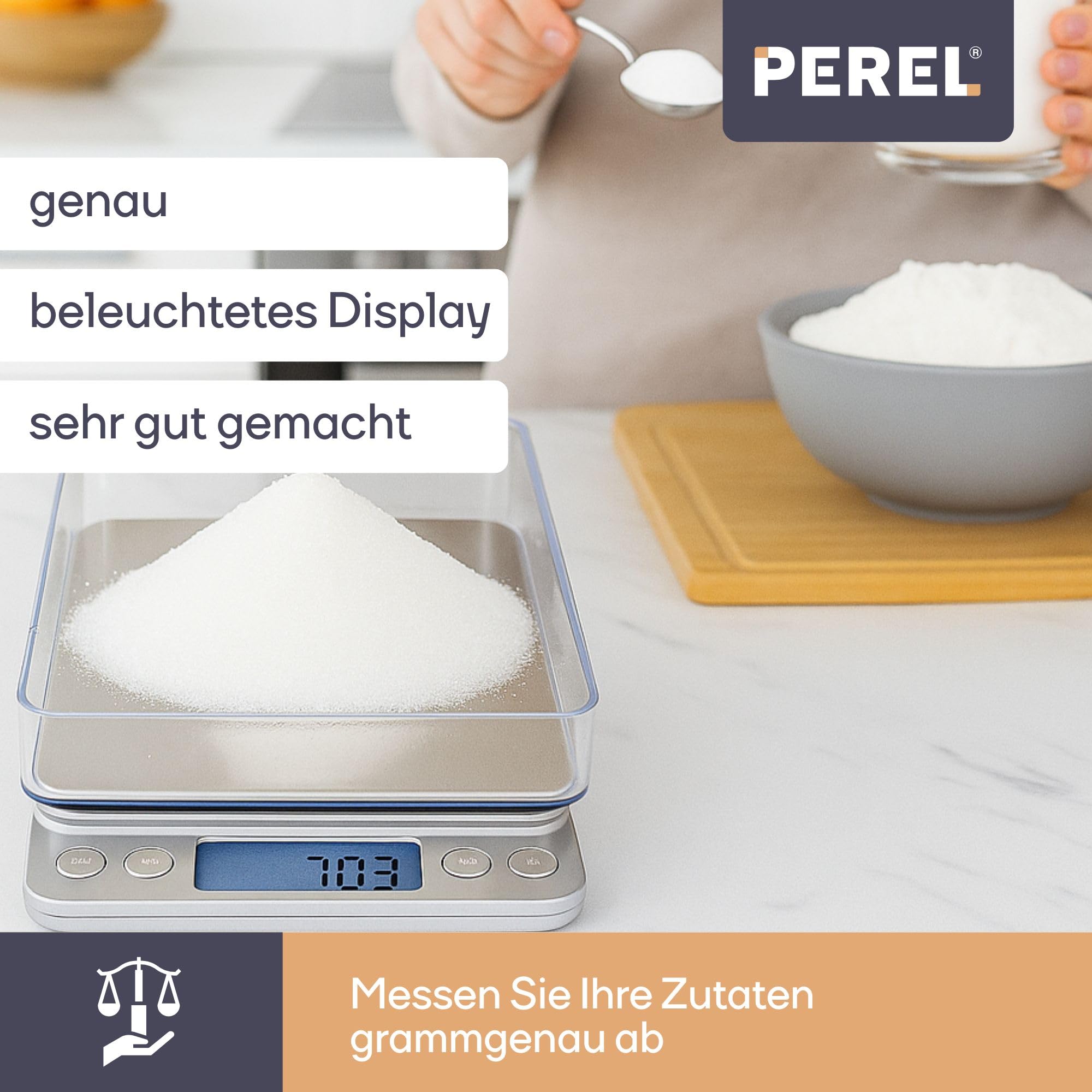 Perel Digitale Präzisionswaage 500 g, Genauigkeit bis 0,01 g, LCD-Display mit Hintergrundbeleuchtung, Tara-Funktion, automatische Abschaltung, kompakte Taschenwaage, grau