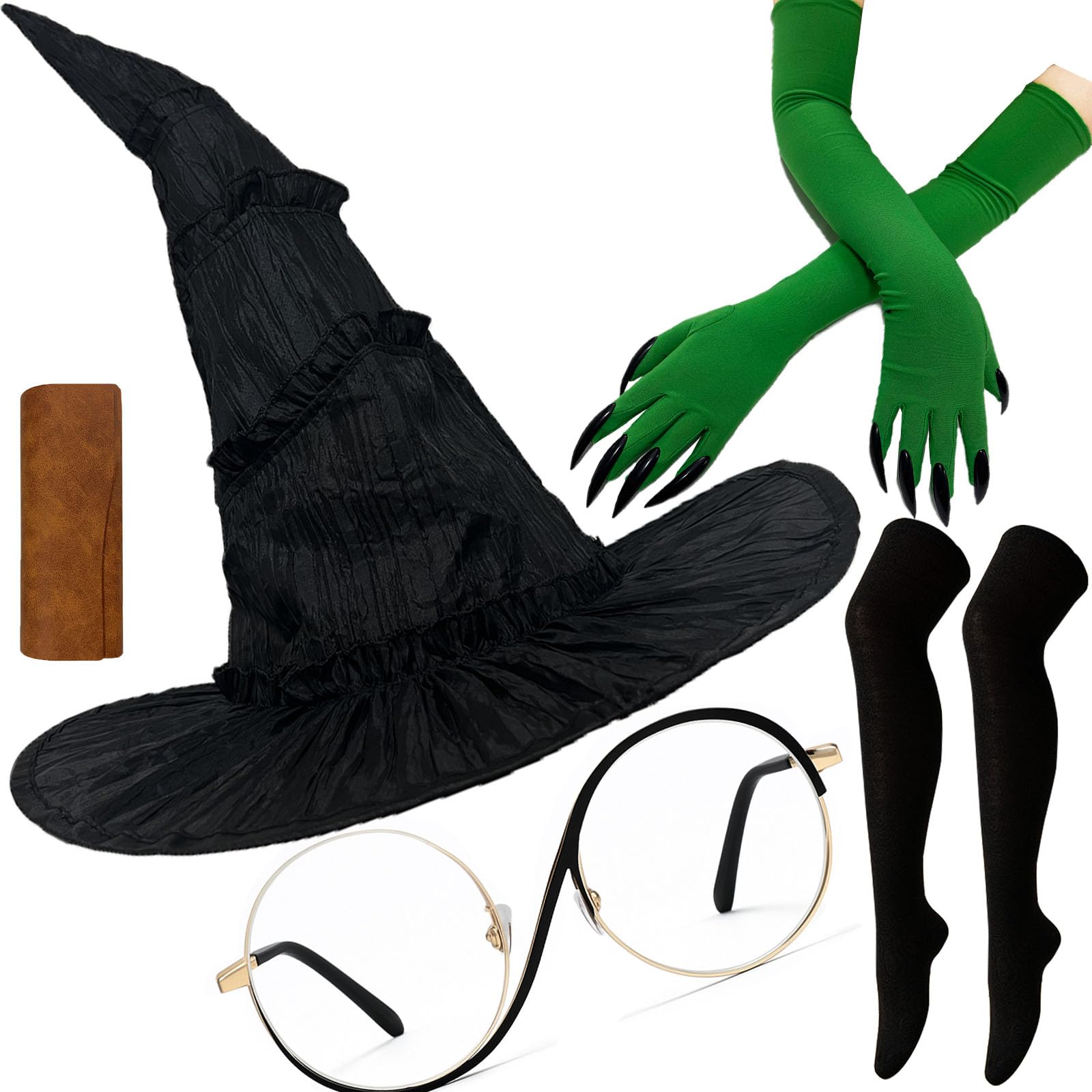 Wakejoy Witch Costume Women Hat Glasses Gloves Socks Halloween Cosplay