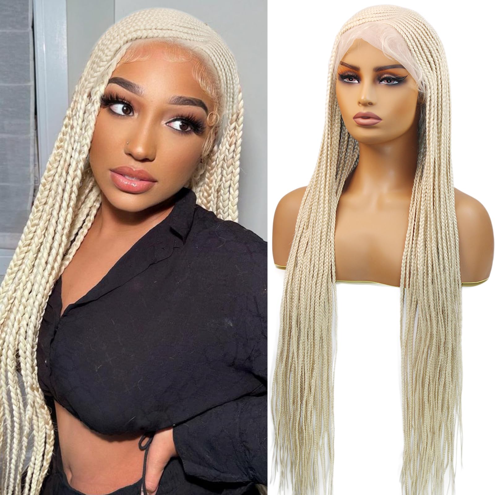 Photo 1 of DOSAY Honey Blonde Cornrown Braided Wigs for Black Women Knotless Box Braids Full Lace Front Wig Natural Deep Side Part Goddess Synthetic Braided Wig 36 inches