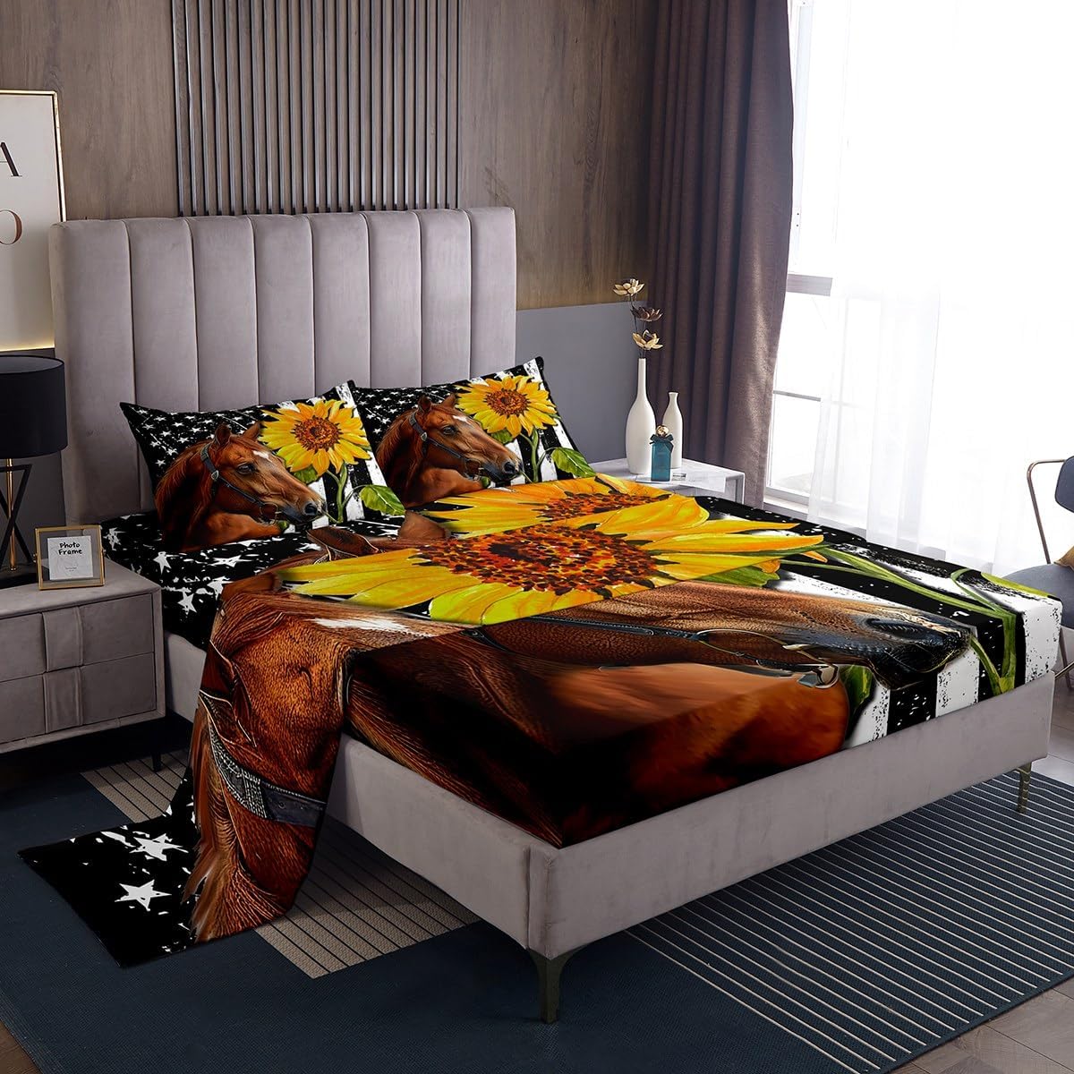 Erosebridal American Flag Fitted Sheet Farmhouse Horse Sheet Set,USA National Flag Sunflower Bed Sheets Farm Animals Bed Cover United States Flag Boho Floral Cowboy Room Decor Queen