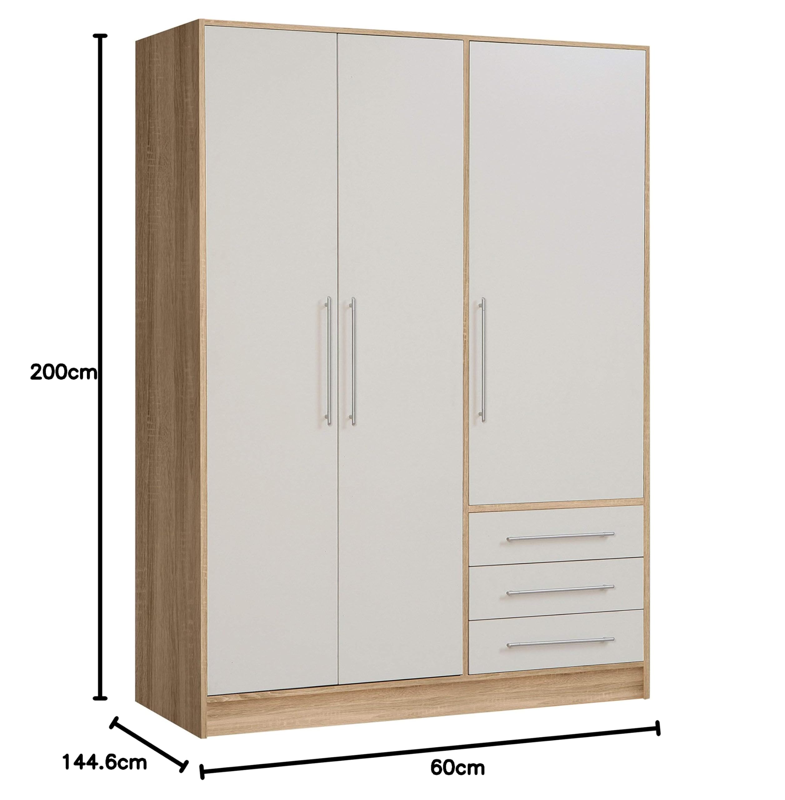 FORTE Jupiter Schrank 140 150, Kleiderschrank, Drehtürenschrank, 3-türig, mit 3 Schubladen und Einlegeböden, Weiß mit Holz Dekor: Sonoma Eiche, 145 cm breit x 60 cm tief x 200 cm hoch Küche, Haushalt & Wohnen