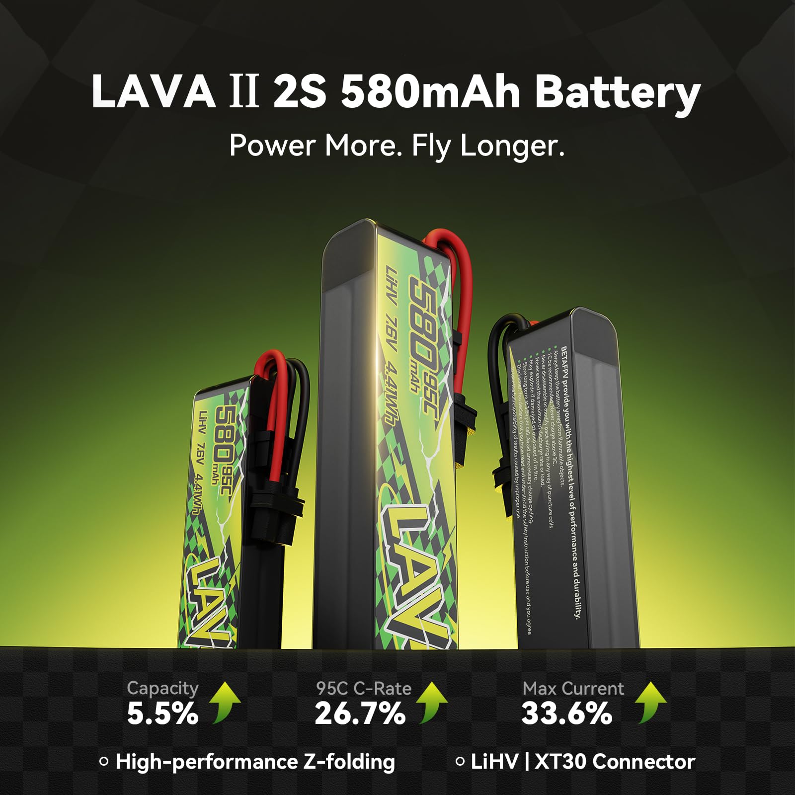 BETAFPV 2pcs LAVA II 2S 580mAh Battery 7.6V 95C LiHV Lipo with XT30 Connector JST-XH2.54 Charge Plug Compatible for Brushless Whoop Drone Quadcopter like Pavo Pico II, Pavo Femto