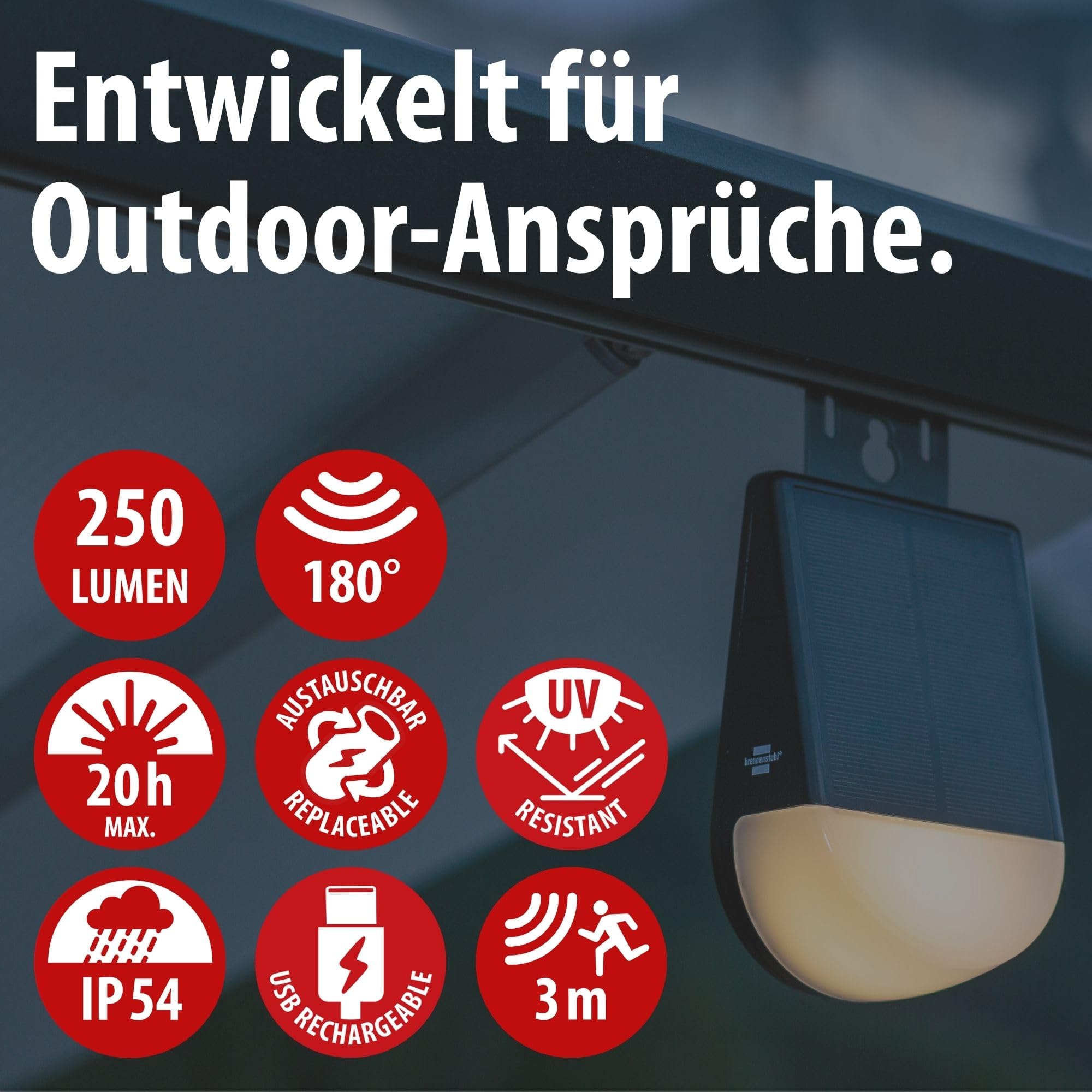 Brennenstuhl Akku Solar LED Outdoor Lampe KL 300 AS (250lm, Wandleuchte mit Bewegungsmelder, IP54, 3 Leuchtstufen, max. 20h Leuchtdauer, Adapter für Kederschiene an z.B. einem Wohnwagen)