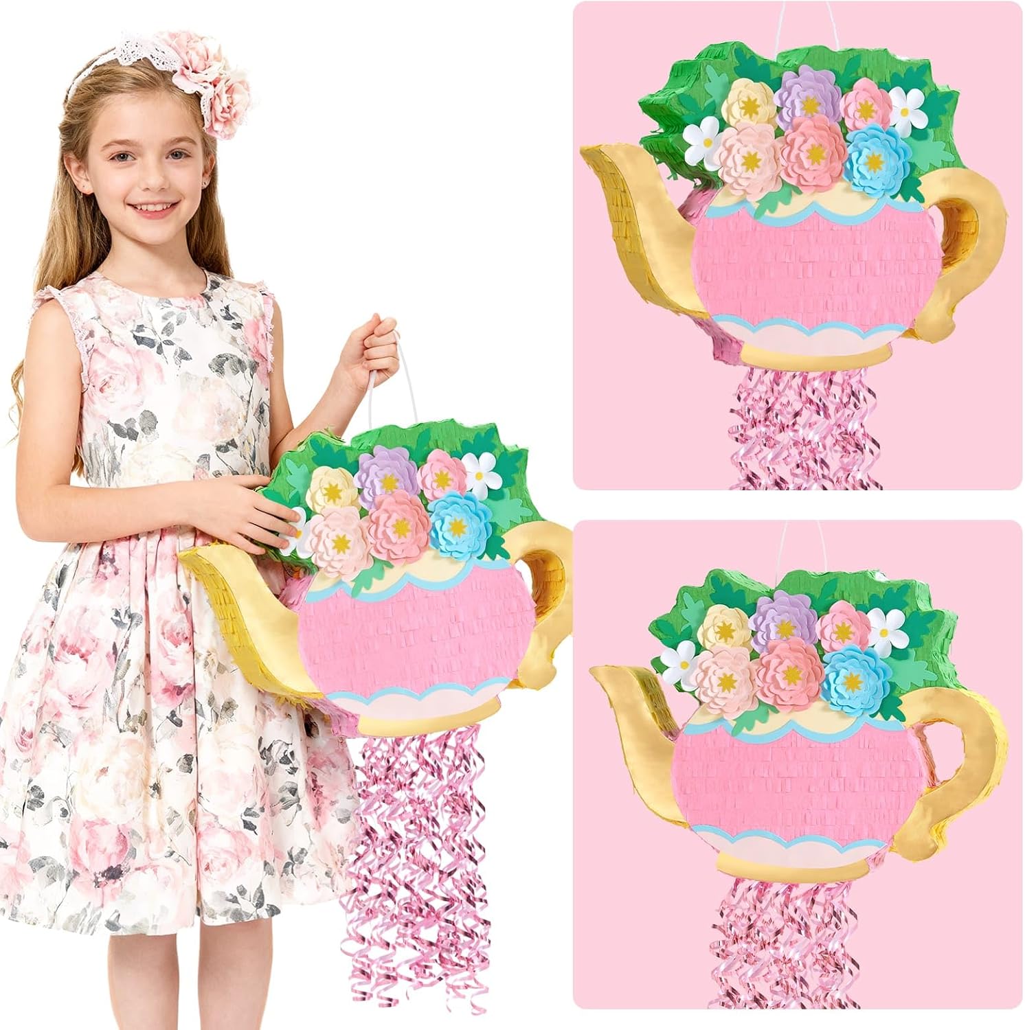 WERNNSAI Teapot Piñata - Tea Party Decoration Garden Flower Piñata for Afternoon Tea Party Decor Bridal Baby Shower Garden Party Supply Mother’s Birthday Favor with Blindfold Stick