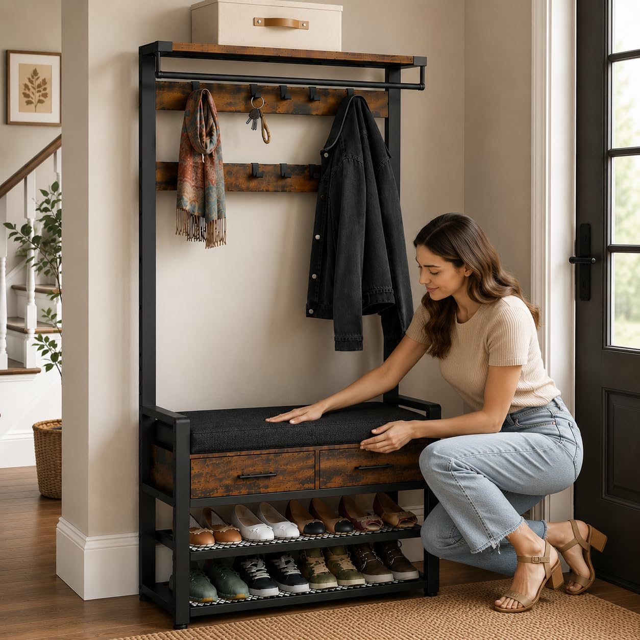 Garderobe mit Sitzbank und Schuhregal – mit 2 Schubladen - Garderobenständer mit Kleiderstange, 8 Doppelhaken, 2 Schubladen und Schuhablage – Flurgarderobe mit Sitzfläche 80 x 32 x 181 cm