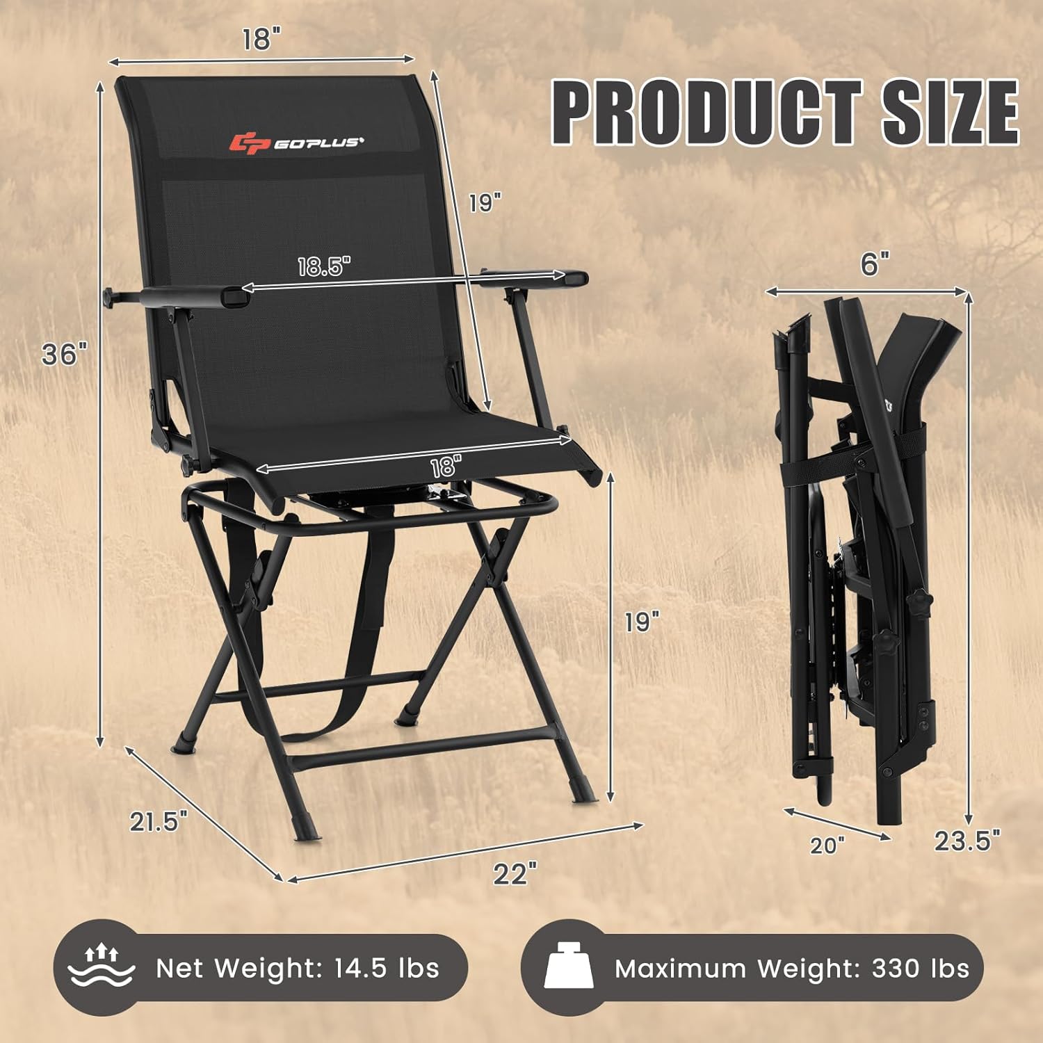 Goplus Hunting Chair, 360° Swivel Folding Hunting Blind Chair with Carrying Strap, 330LBS Capacity, Portable Deer Hunting Stool, Silent Ground Dove Hunting Chair, No Assembly