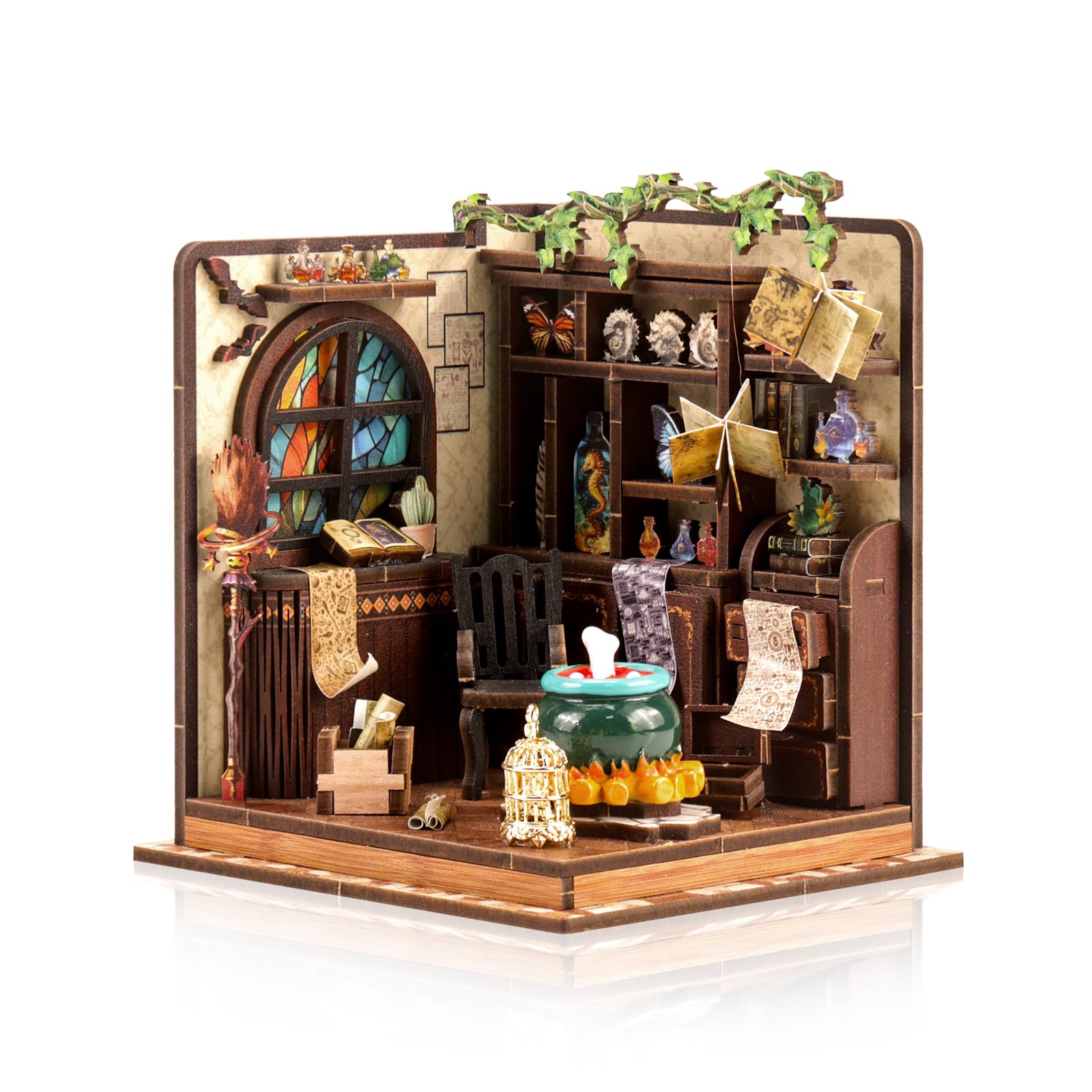 Hallisun DIY Miniature House Kit, Potions Workshop 3D Wooden Puzzle Building Kit, Mini Book Nook Insert with Furniture, DIY Dollhouse Craft Gift for Adults and Teens Birthday