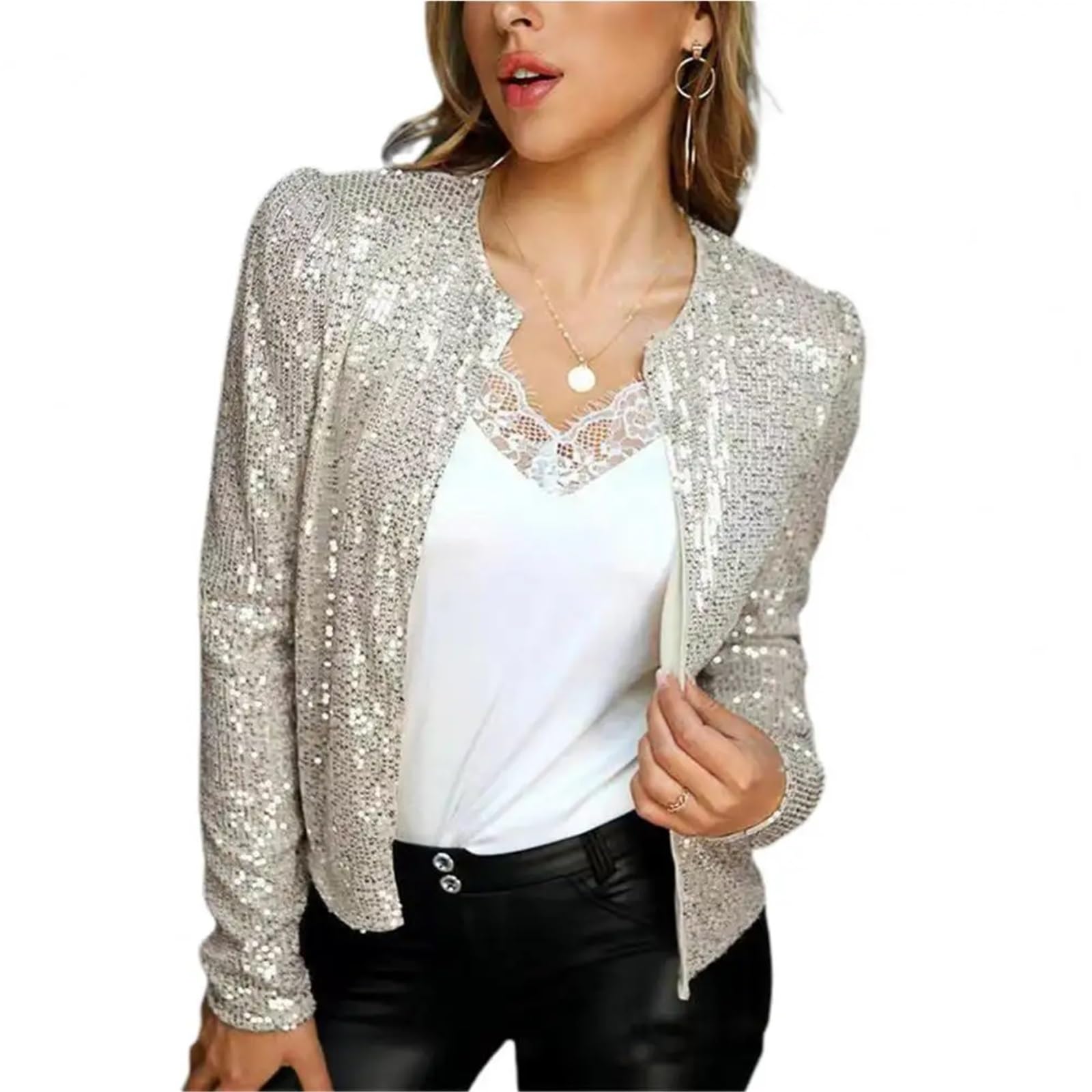 Paillettenjacke Damen Glänzende Stehkragen Kurzmantel Herbst Lady Sparkly Glitter Kurzblazer