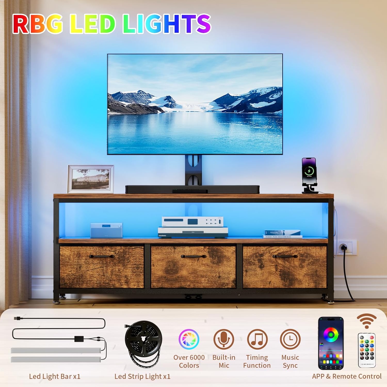 JUSTOGO TV Stand with Mount and Power Outlet, TV Stand with Drawers Storage for Living Room Bedroom, LED Entertainment Center for 45/55/60/65 inch, Height Adjustable Media Console, Rustic Brown