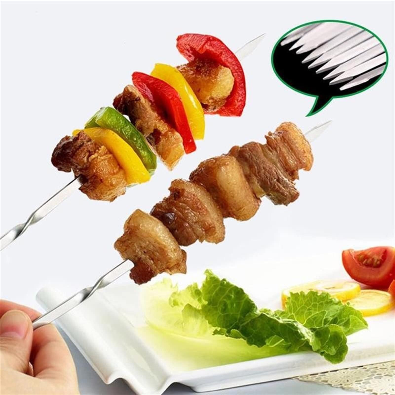 10pcs Utensili per barbecue Barbecue in acciaio Segno Spiedini di agnello Segno di ferro Ago per arrosti Spiedini arrostiti piatti Strumenti per braciere di carne (Color : 33cm 10pcs) (28cm 10pcs)