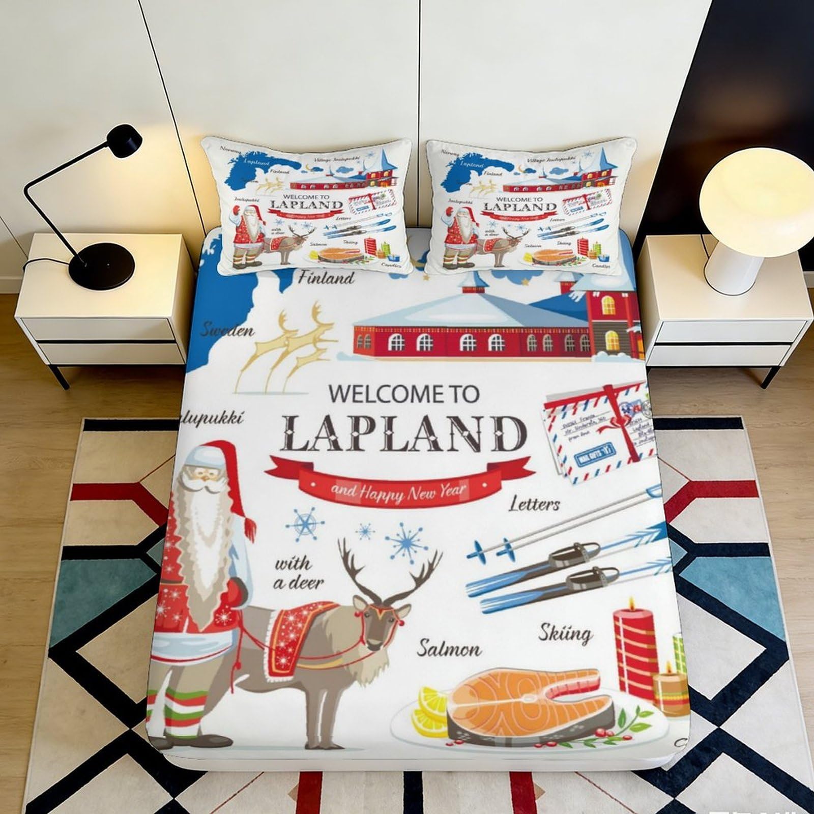 3D Printed Lapland Christmas Fitted Sheet Microfiber Nordic Santa Claus Mattress Cover for Bedroom Guest Room Dormitory 200x200x25cm