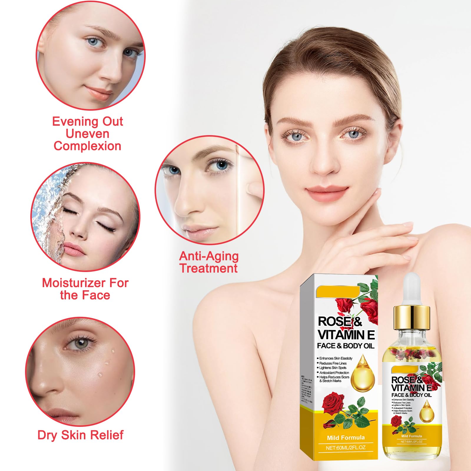 Rose Vitamin E Oil for Skin,Rose Essential Oil,Rose Oil for Skin,with a Massage Board,Deeply Nourishes Soothing,Improves Skin Elasticity,for a Variety of Skin Types(60ml) - Image 4
