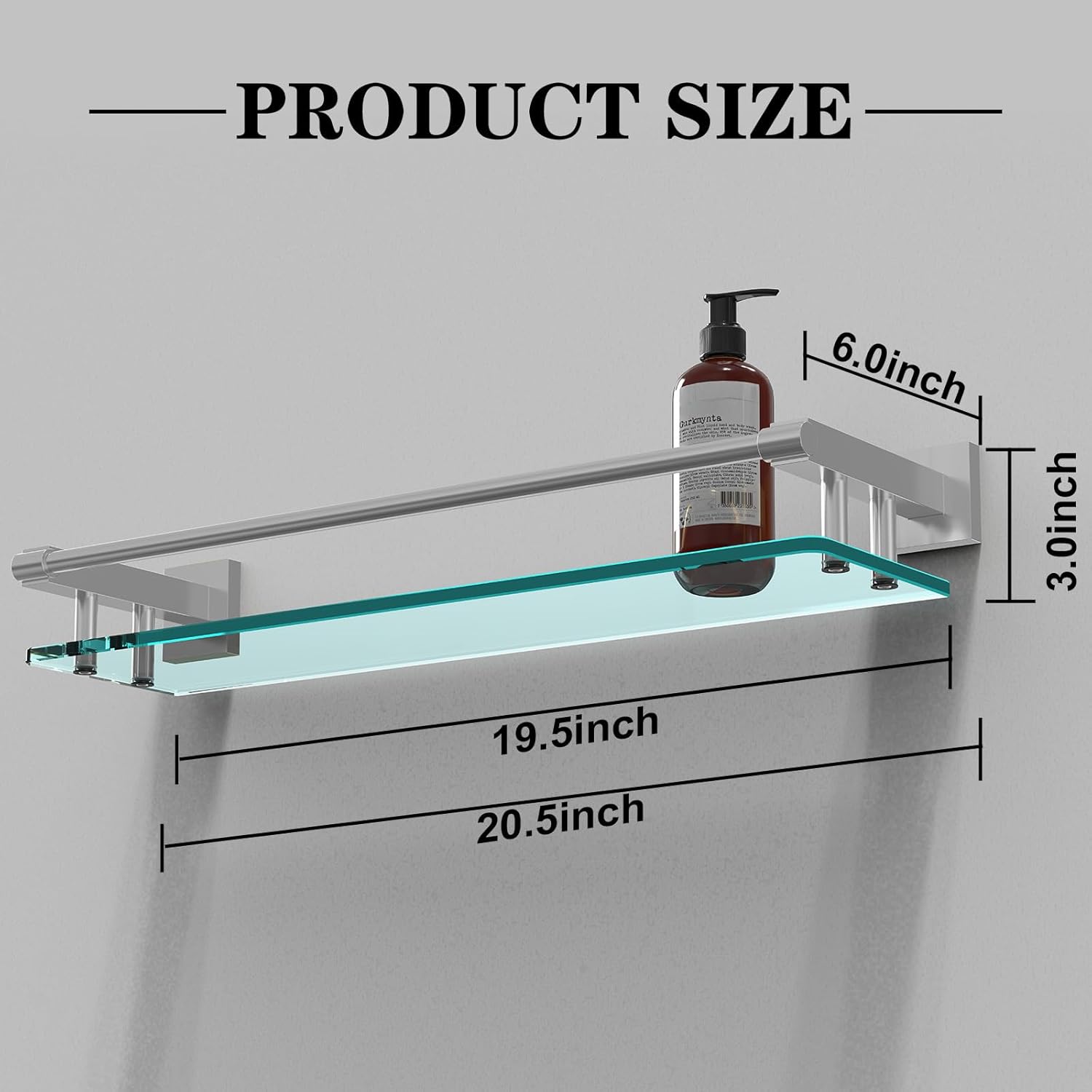 20 Inches Glass Shelf for Bathroom, Brushed Nickel Glass Shelves for Wall with Smooth Stainless Steel Railing, Modern Tempered Glass Organizer Shelf