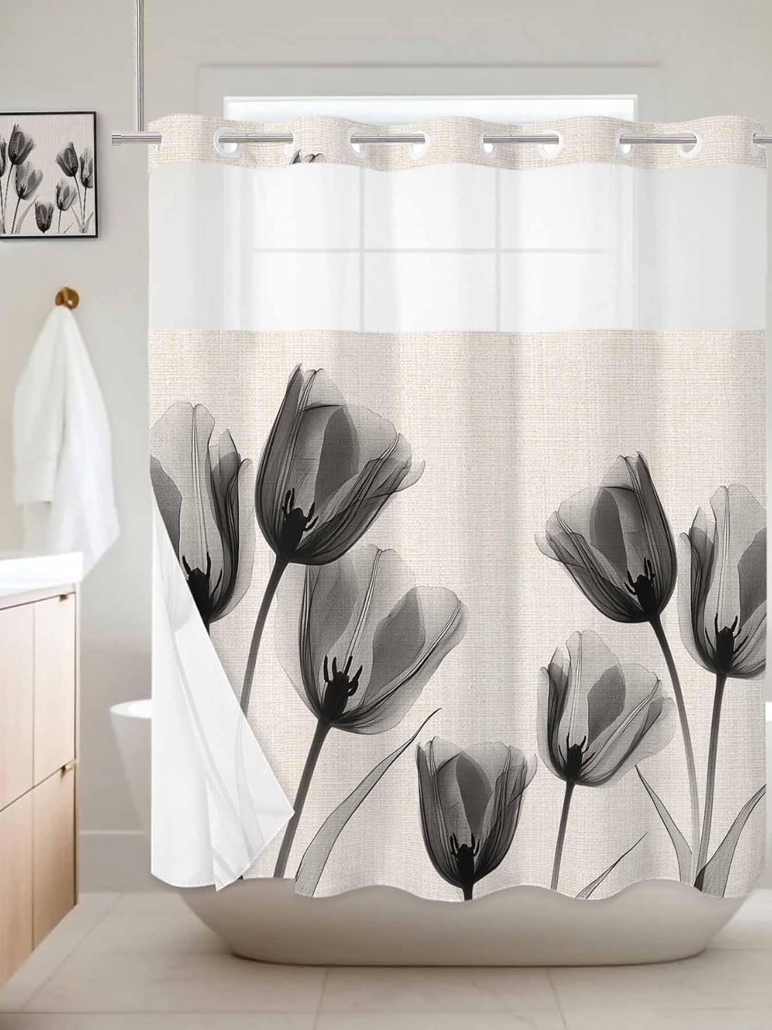 Black Tulip No Hook Shower Curtain and Liner Set Minimalist Modern Flower Art Linen Background Snap in Shower Curtains Waterproof Bath Curtain with See Through Top Window Hotel Liner Set 66" x 72"