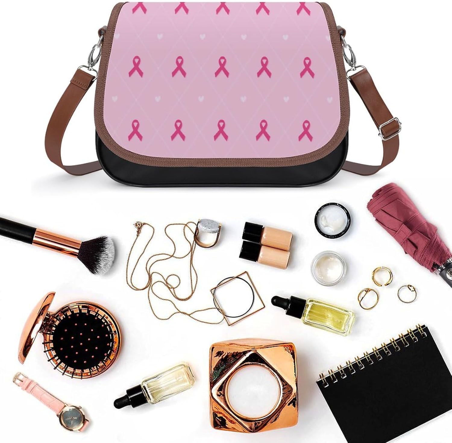 Breast Cancer AwarenessWomen's Faux Leather Crossbody Bag, Waterproof Wrinkle-Resistant Shoulder Bag with Detachable Strap, Large Capacity Casual Handbag, Fashion Daily Purse for Shopping Work Dating,