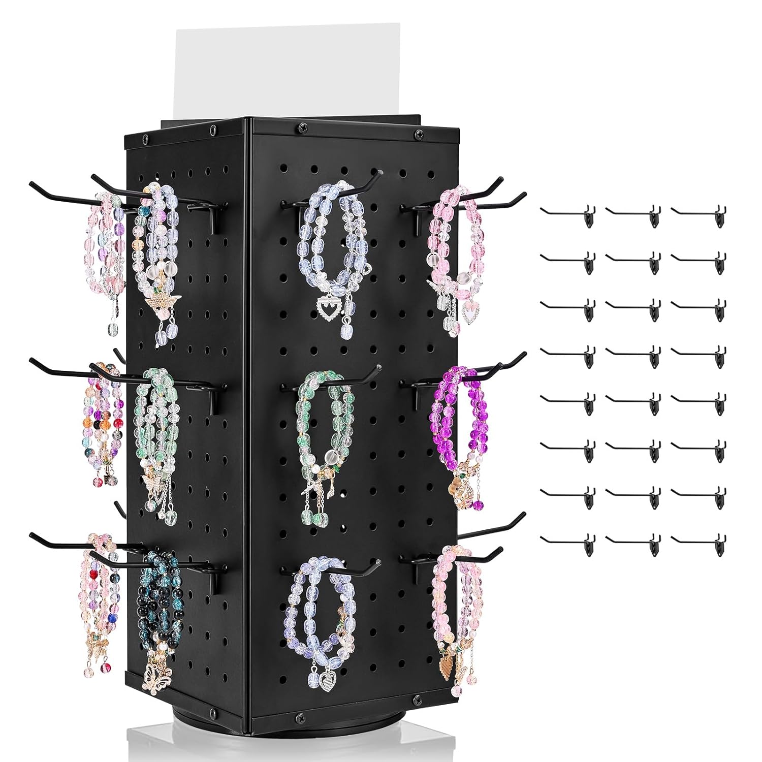 Rotating Pegboard Display Stand, 4-Sided 24 Hooks, 7.4x7.4x17 in
