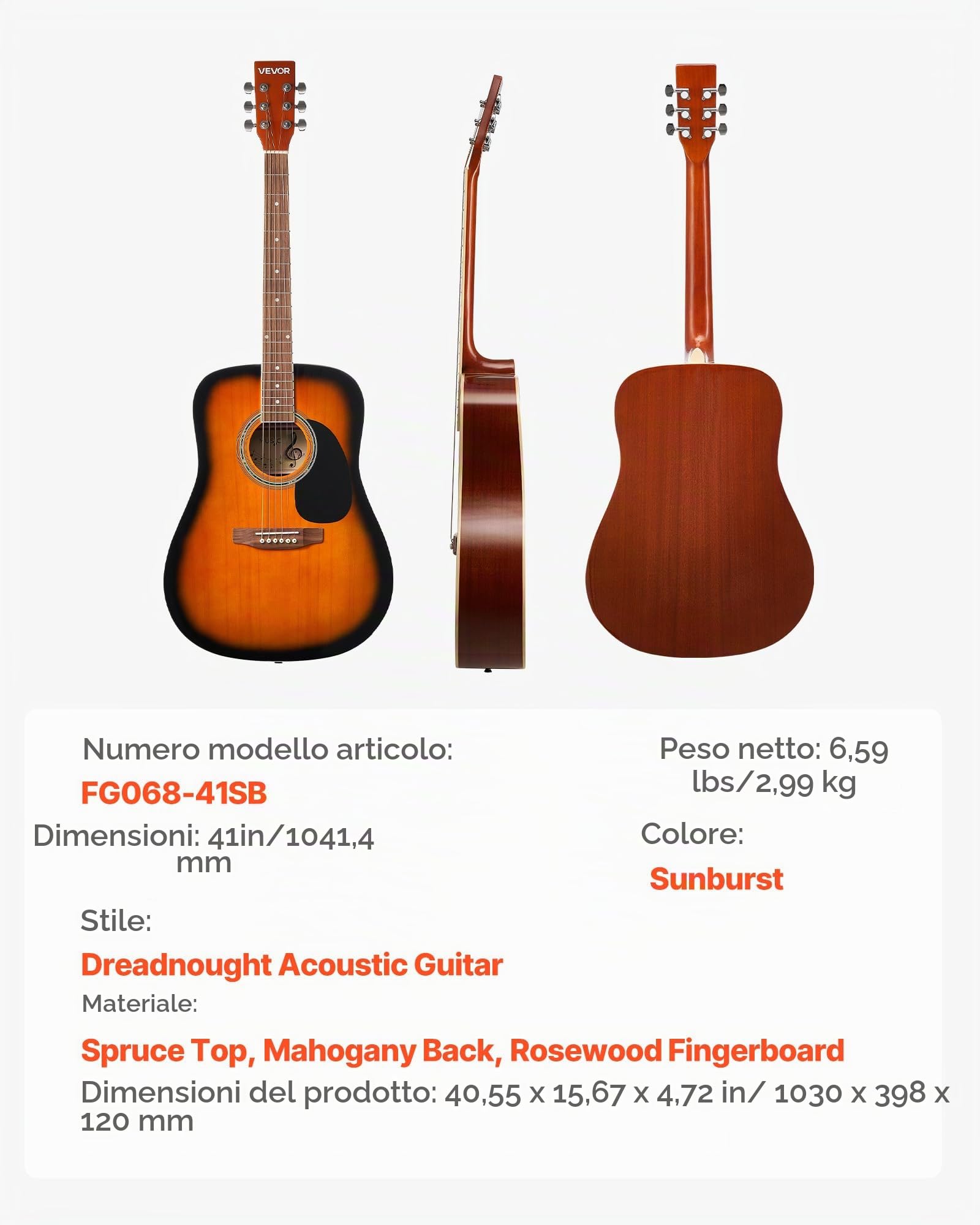 VEVOR Chitarra Acustica Dreadnought da 1041,4 mm Chitarra Acustica a 6 Corde con Tavola Armonica in Abete Massello Sunburst, Custodia Morbida, Accordatore, Tracolla, Corde in Acciaio, Capotasto
