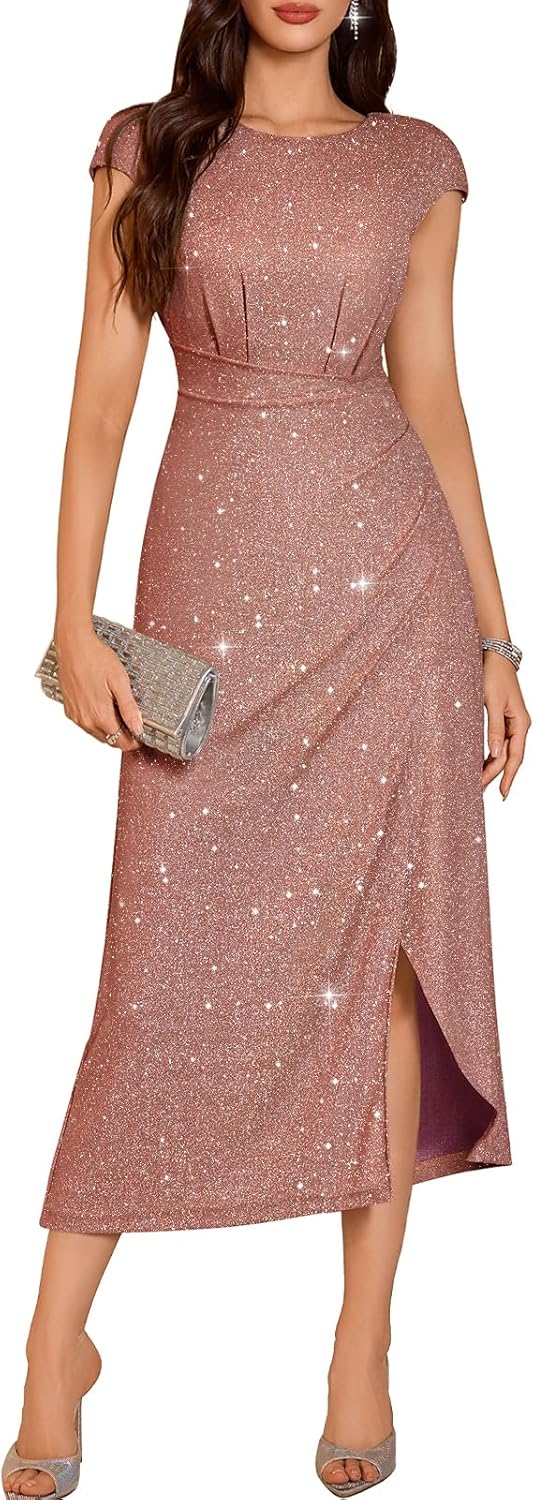 DRESSTELLS Women's Sparkly Formal Wedding Guest Dresses, Sequin Cocktail Party Evening Prom Slit Maxi Dress