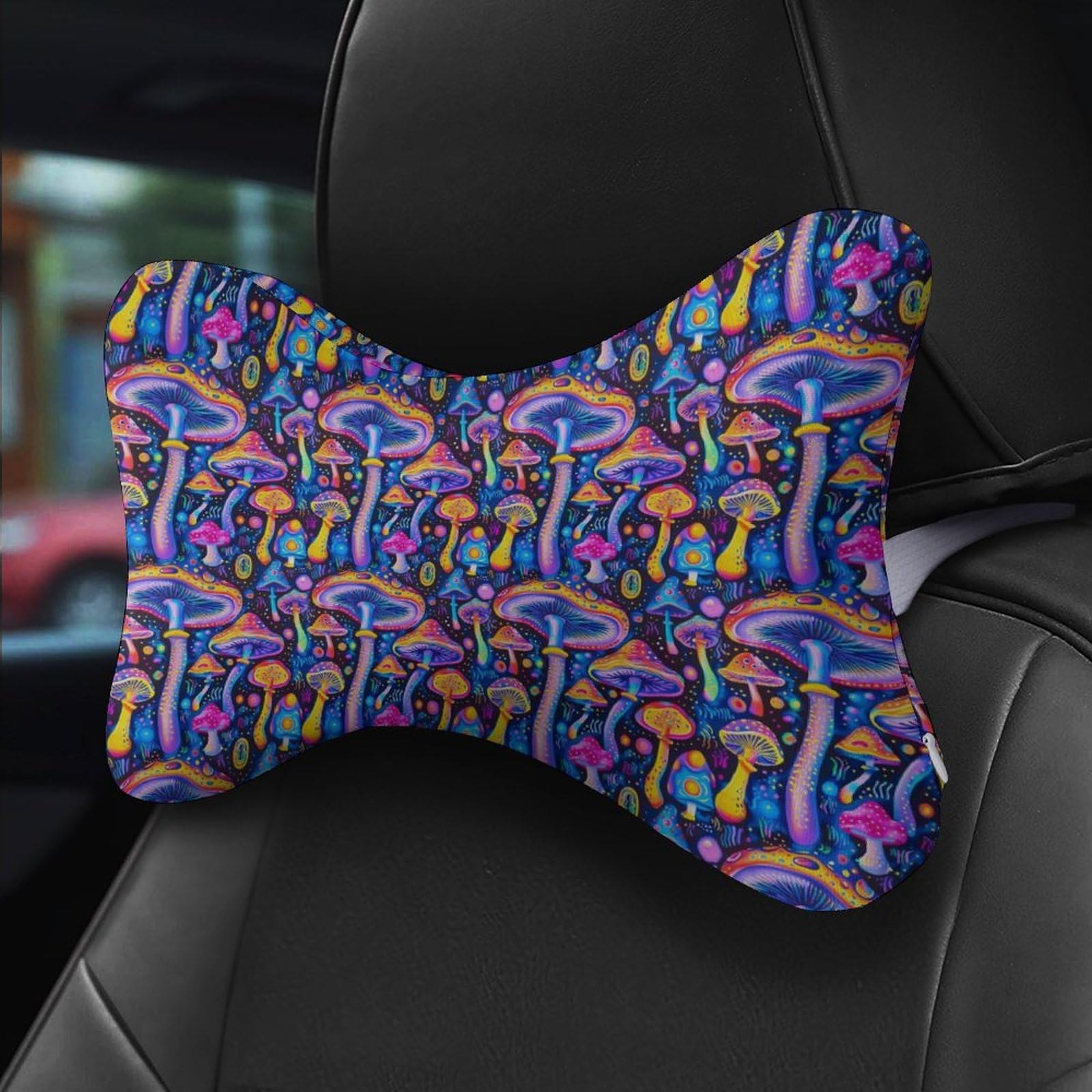 SMAZDFXX Colorful Neon Mushroom Car Neck Pillow Set of 2 Car Seat Head Support Cushion Bone Pillows with Elastic Strap